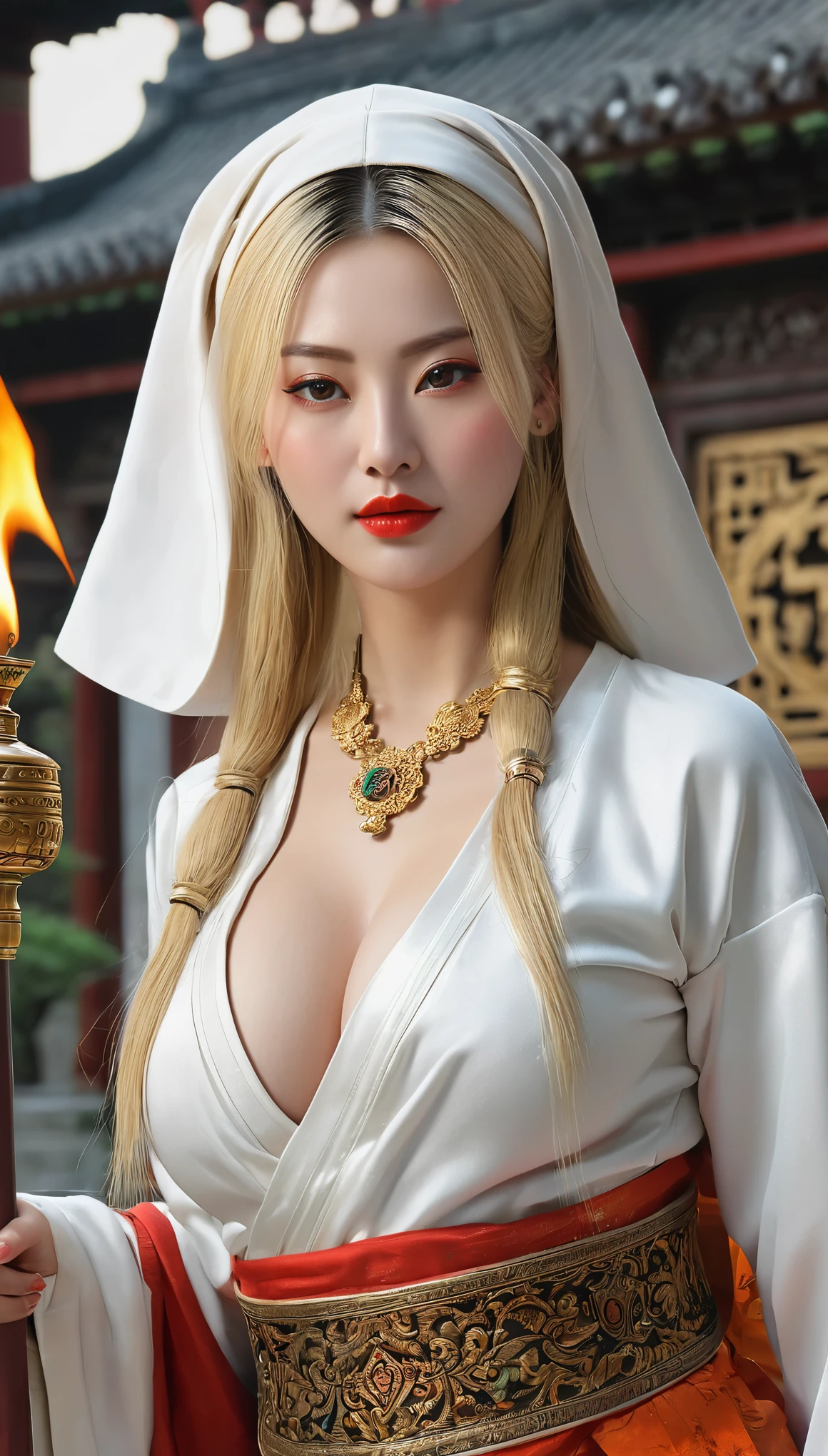 (((hyper real)))、(((30 year old white female monk in ancient Europe)))、(((beautiful female priest)))　Mature middle-aged woman、((big big tits)) 、Fine skin texture、beautiful plump middle-aged woman、(fine green eyes)、Blonde fluffy long hair、{(ancient ornate and luxurious temple)、(many torches are burning)}、(((big cleavage)))、big ass、red lips、(((luxurious costumes and luxurious accessories)))、