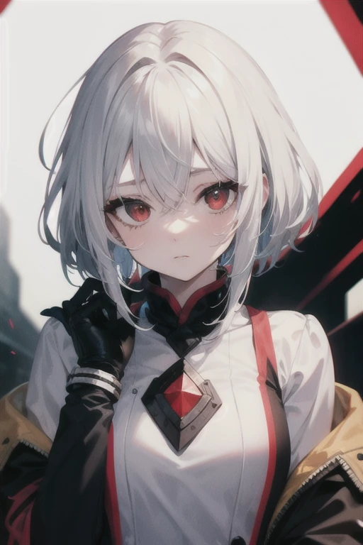 best quality, masterpiece, white hair, red eyes, looking at me, upper body