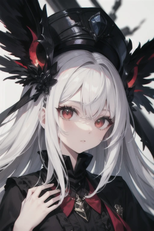 best quality, masterpiece, white hair, red eyes, looking at me, upper body