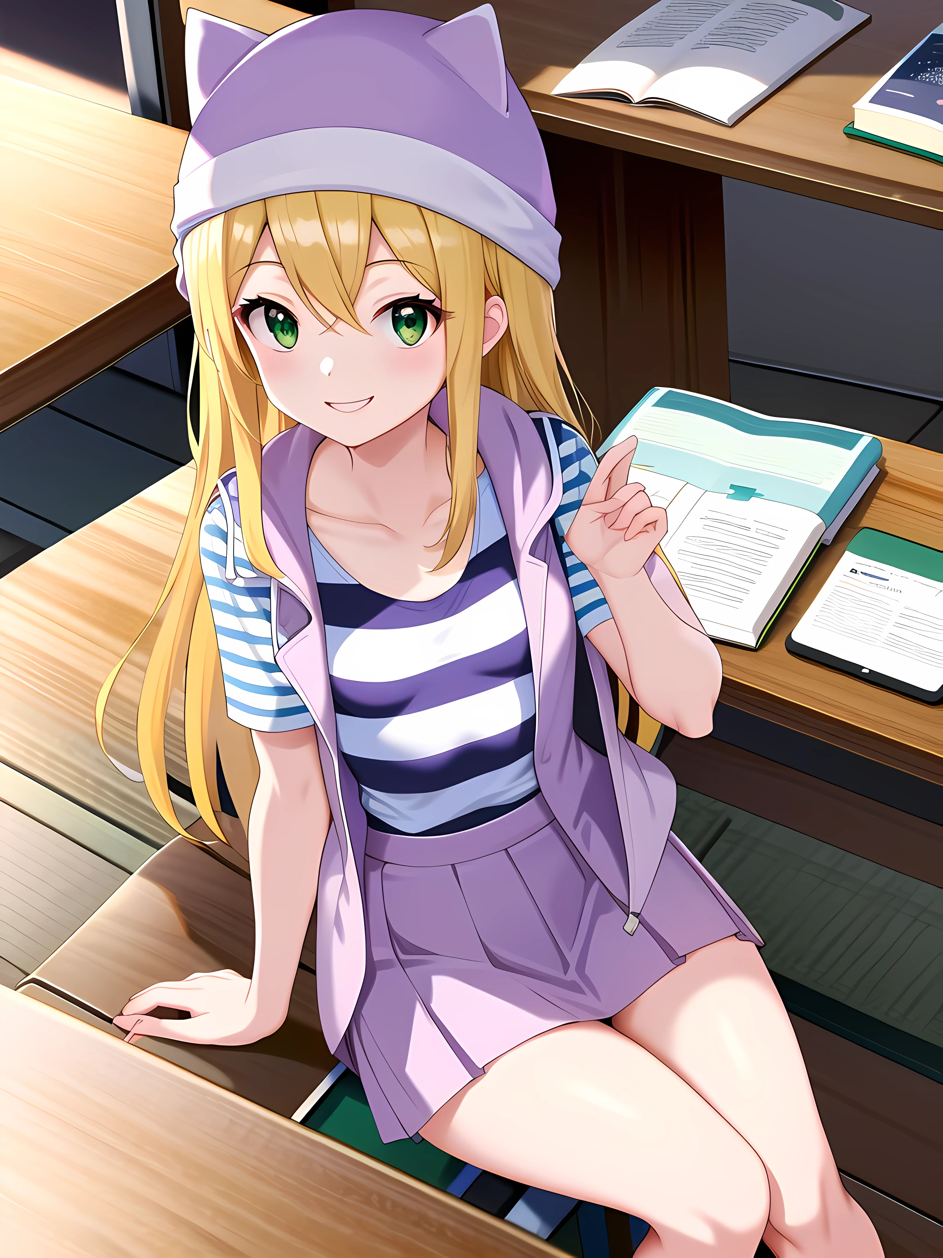 best quality, masterpiece, highres, detailed, perfect anatomy,  orimotoizumi, purple vest, striped shirt, beanie, cat hat,  school, studying, smile, green eyes, sitting, small breasts, skirt,