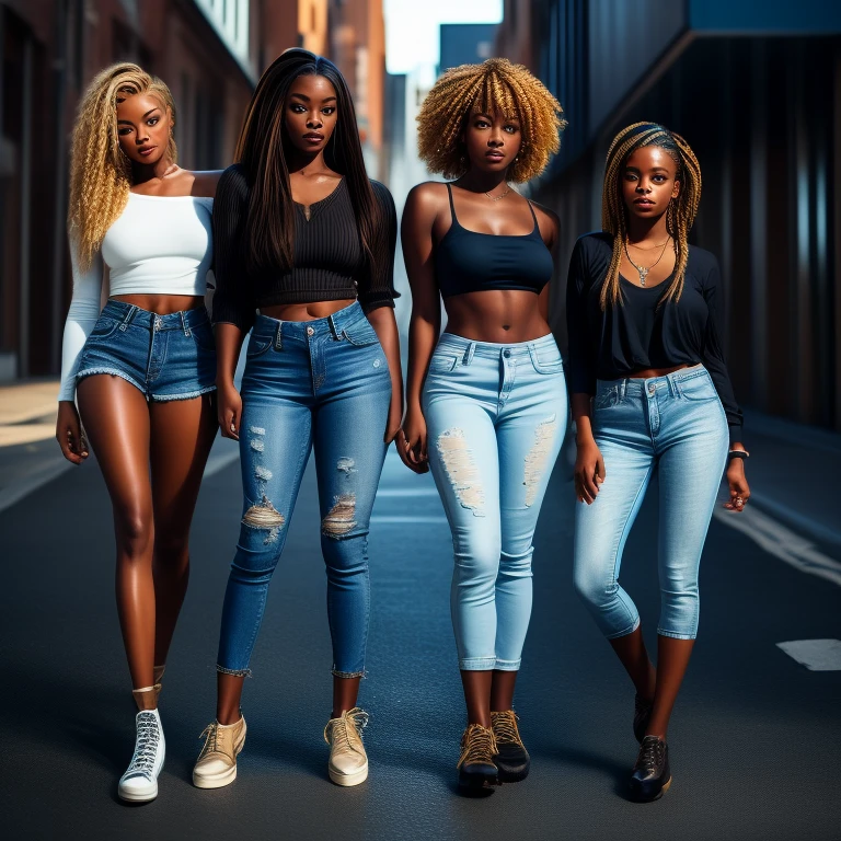 A  beautiful detailed social media image of two college friends melanin girls ,one with blonde faux locs another with straight blac hair dressed in trendy denim and doc martin shoes a pinterest image, high detailed. realistic texture. hyper-detailed ,ultra high resolution , 2 beautiful friends with perfect bodies