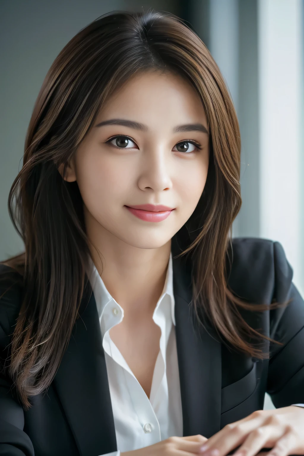 A close up of a woman in a suit sitting at a table - SeaArt AI