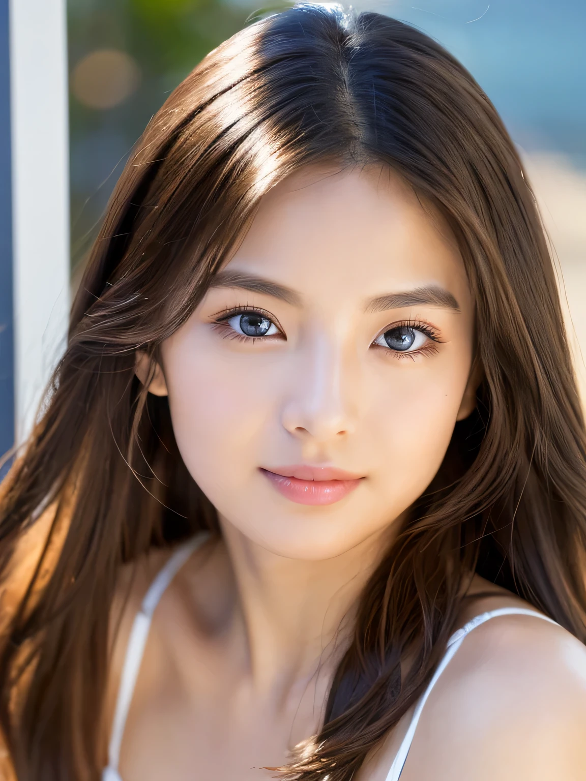 (((32ｋ,high details,high detail、masterpiece,attention to detail,alone))),Raw photo & realistic atmosphere,beautiful dark blue eyes,detailed mouth,glossy lips,thin eyebrows,fine eyes、Soft white skin that shines in every detail、her deep black eyes are so beautiful,lip details、very beautiful face,very well-shaped face、lifelike face,shining beautiful lips,beautiful eyebrows,infinite reality, Realistic young gravure idol,she&#39;she&#39;she&#39;she&#39;she&#39;she&#39;she&#39;she&#39;she&#39;she&#39;s a very cute woman , young gravure idol, young gravure idol, She is a very beautiful and cute 22 year old beauty.....,Incredibly beautiful and elegant 22-year-old beauty,natural soft light,（shiny hair,,Beautiful and kind eyes：1.5）,gentle smile,well-shaped chest,medium long hair,seaside，bikini,beautiful posture,no makeup,whole body，background sea，Do not put white marks in the corners，