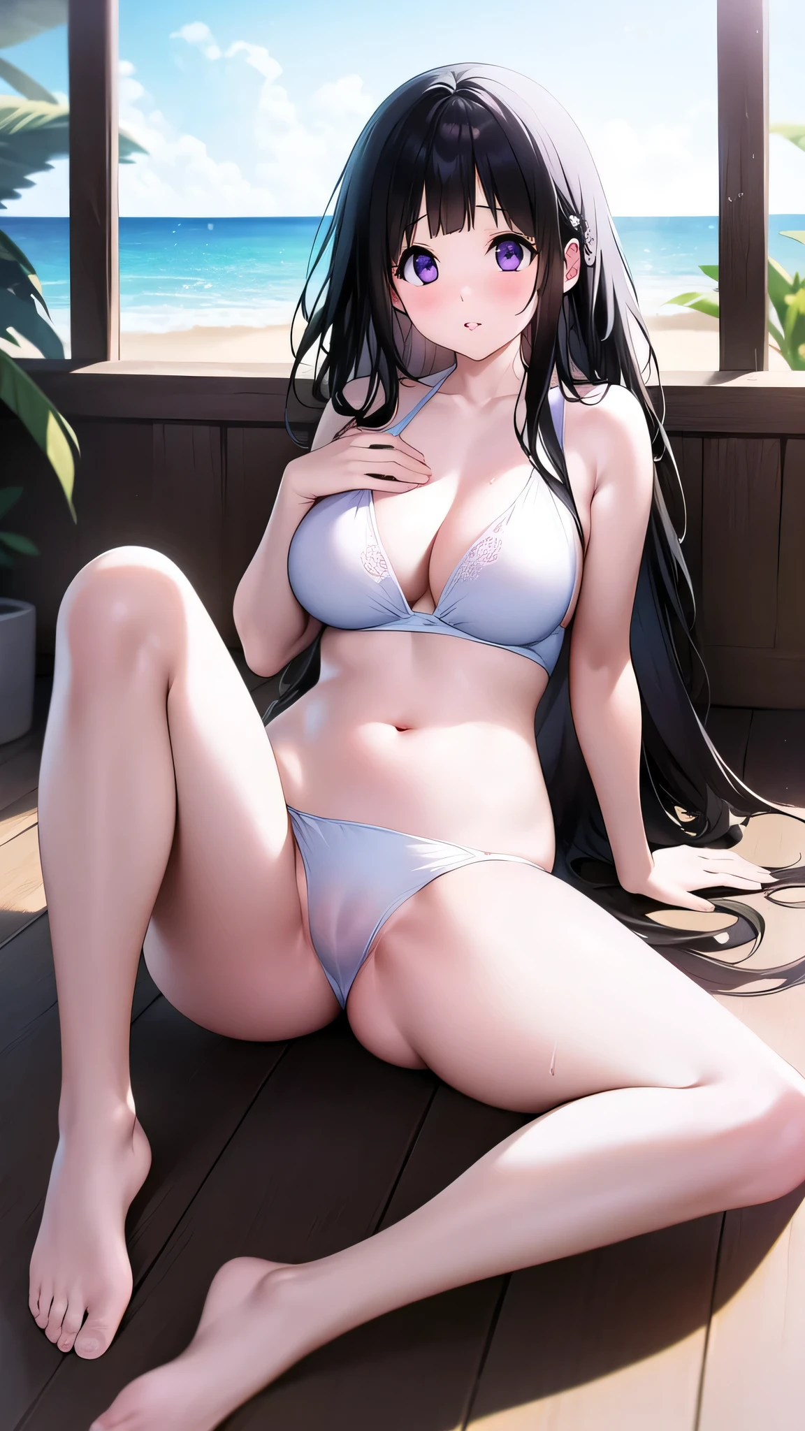 Stunning Chitanda, There is only one beautiful girl,purple eyes, black hair, Naturally straight hair, straight bangs,extremely refined,adult face,lips open,flowing long hair,Peerless beautiful girl, dreamlike,Slim,soft, (Sensual), (kawaii), Dream quality,white bikini,beach,Legs raised high,strong sunlight,summer,hair covering chest,extremely shy,Hands are not exposed,There are water droplets on the body,no pants,There are no shoulder straps,camel toe,no underwear,side breasts,showing areola,Bare thighs,bare shoulders,Clavicle exposed,bare neck,groin,barefoot,bare breasts,ultra high resolution, (masterpiece:1.2, best quality), (Exquisite and beautiful eyes: 1.2), (Beautiful and delicate face)