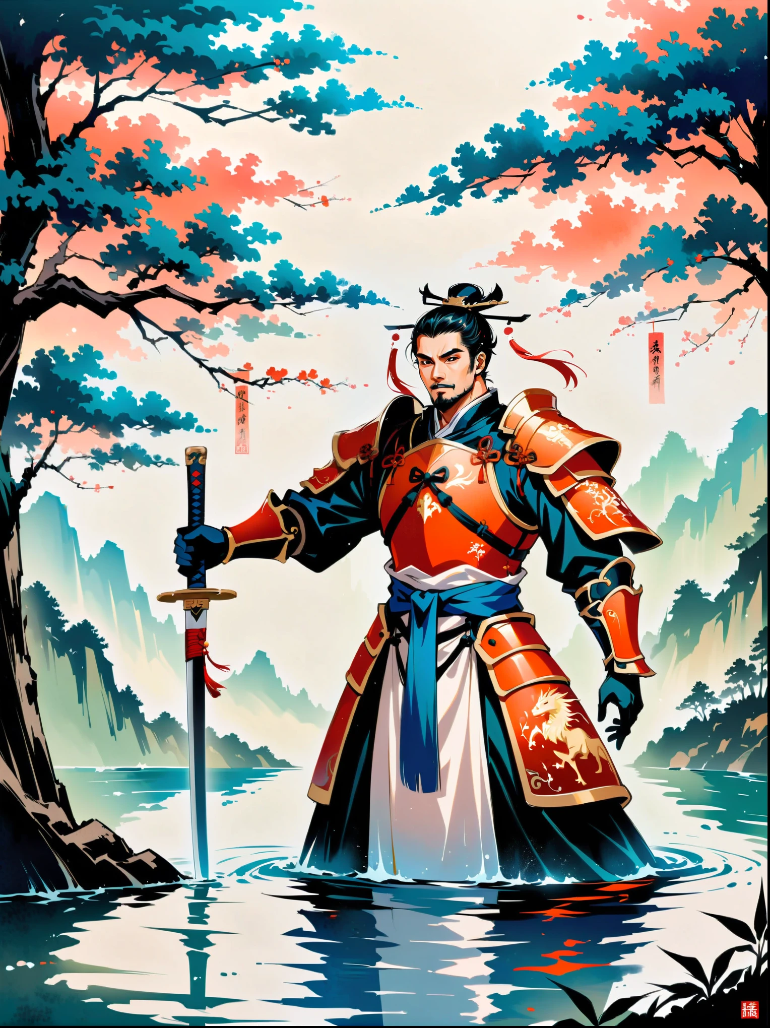 Ink painting，Male knight on the water，Wearing exquisite Chinese Tang Dynasty Ming Guang armor，A bamboo forest behind，sword，landscape，Ultra HD resolution，Freehand style，majestic，Natural light，Knight Focus