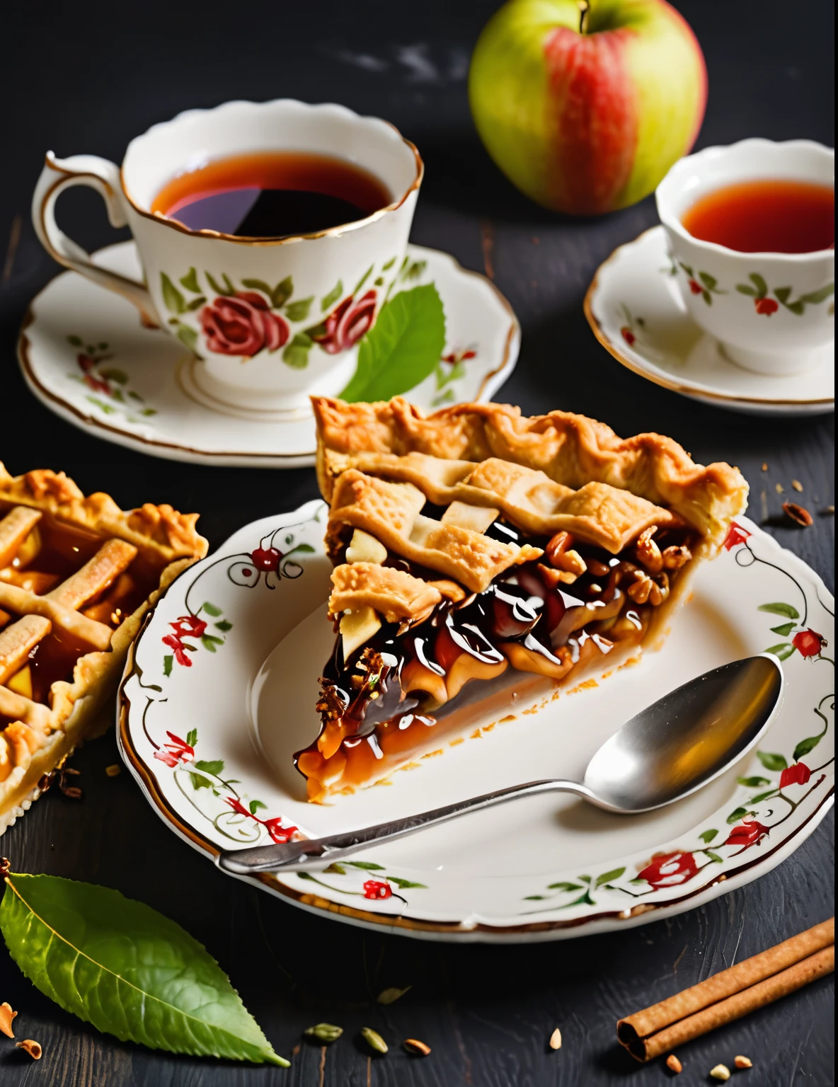 Create an image of a cup of black tea with a piece of apple pie 