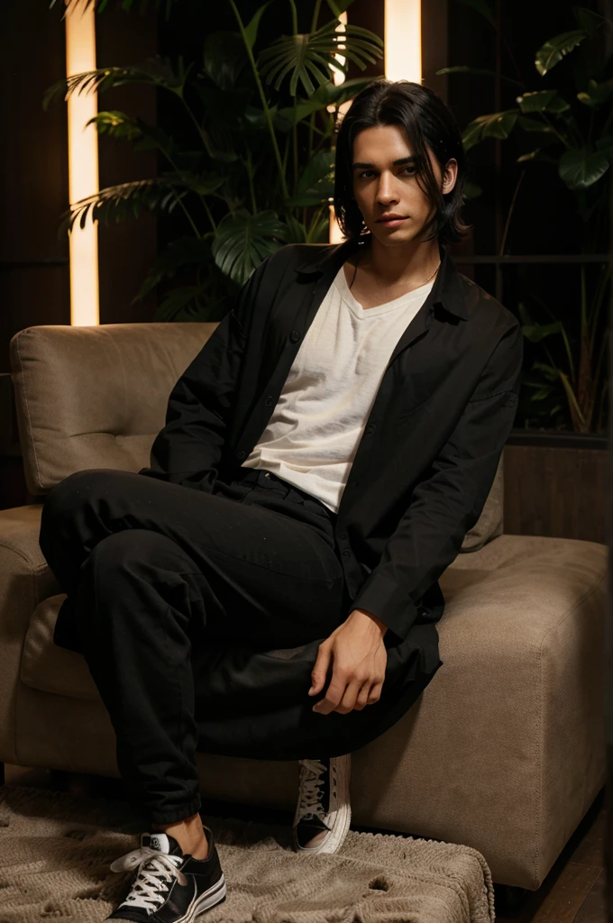 Prompt/command "4D realistic photo, 25 year old male, black hair parted in the middle at the back, a little long, stylish, wearing a long oversized black shirt and long black trousers, slightly torn, wearing Converse shoes, styled like a mafia, tan skin color, sitting in a chair boss dark forest background slightly red light,hyper realistic, high contrast color, 8K, detail, focus".