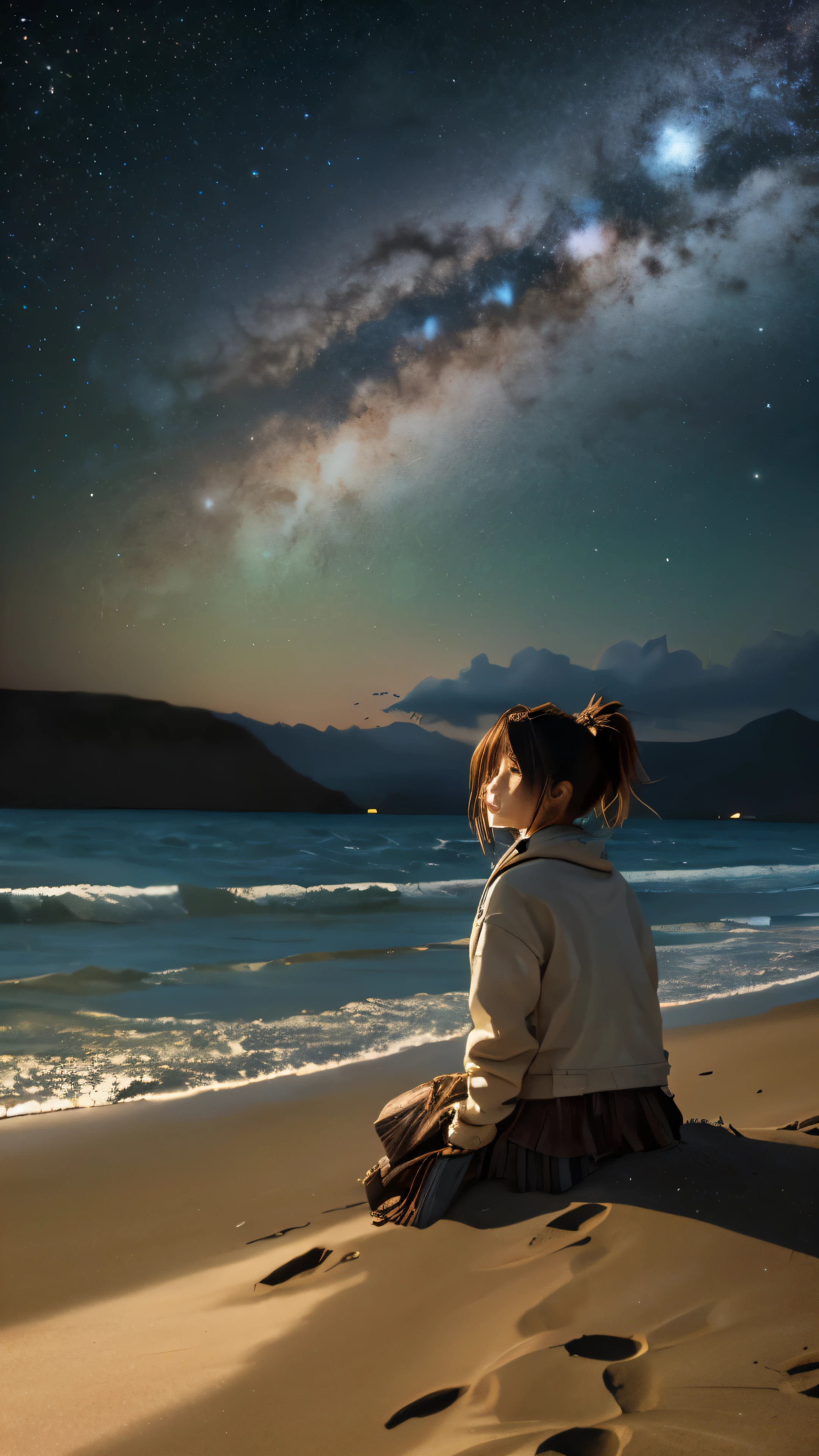 (A masterpiece of the highest quality:1.2)、Ultra-detailed illustration of a girl perfectly captured in a post-apocalyptic beach landscape。Set in the silence of the night、There is a lonely atmosphere that is both sad and hopeful.。 The girl sits on the soft vegetation of the sandy beach、A silhouette can be seen against a cloudy sky。The girl's clothing is not specified.、Her shape is、It's so intricately rendered that every crease and texture is visible.。Her windswept hair flutters in the wind、Faint light in HDR landscape