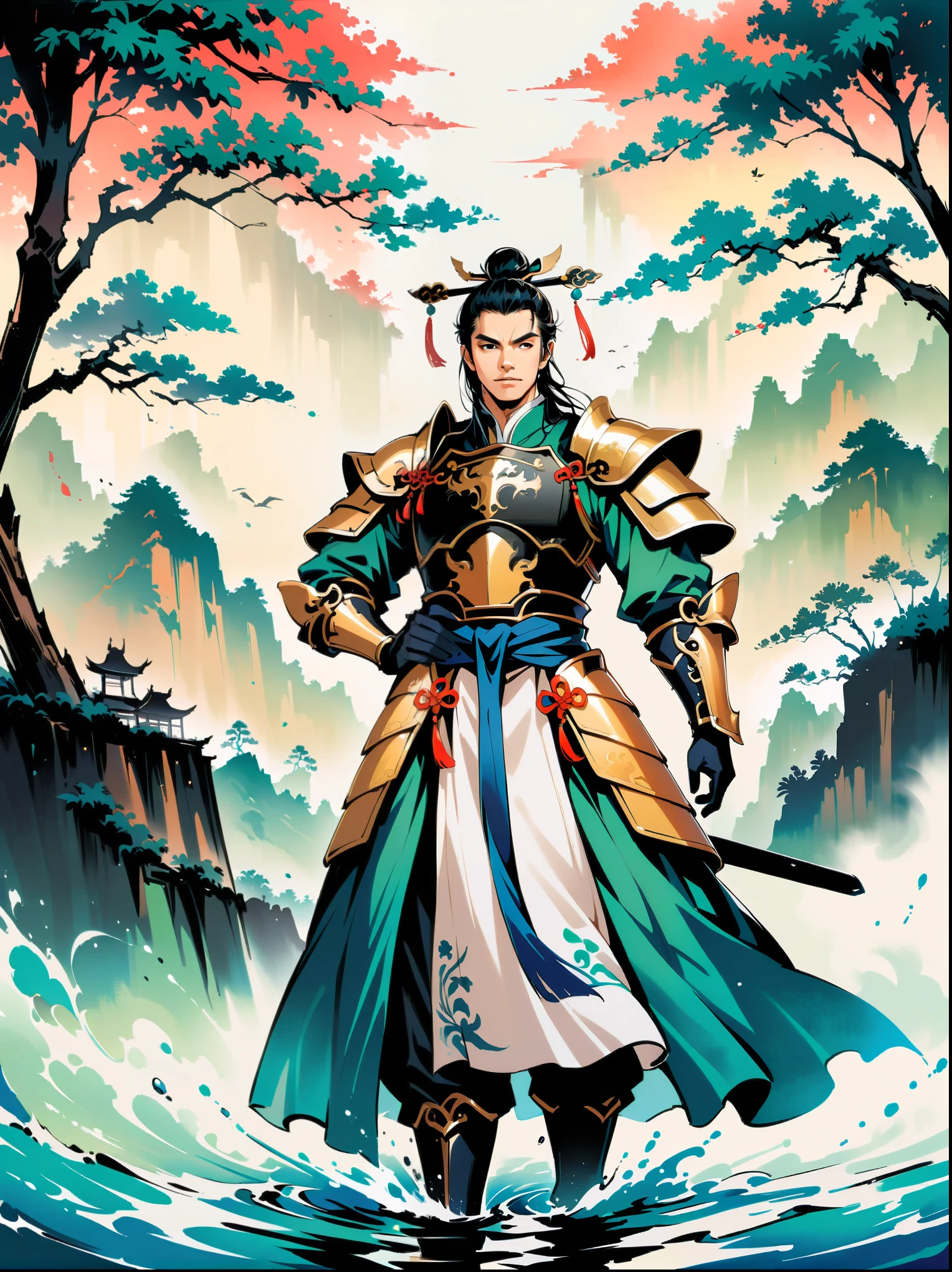 Ink painting，Male knight on the water，Wearing exquisite Chinese Tang Dynasty Ming Guang armor，A bamboo forest behind，sword，landscape，Ultra HD resolution，Freehand style，majestic，Natural light，Knight Focus