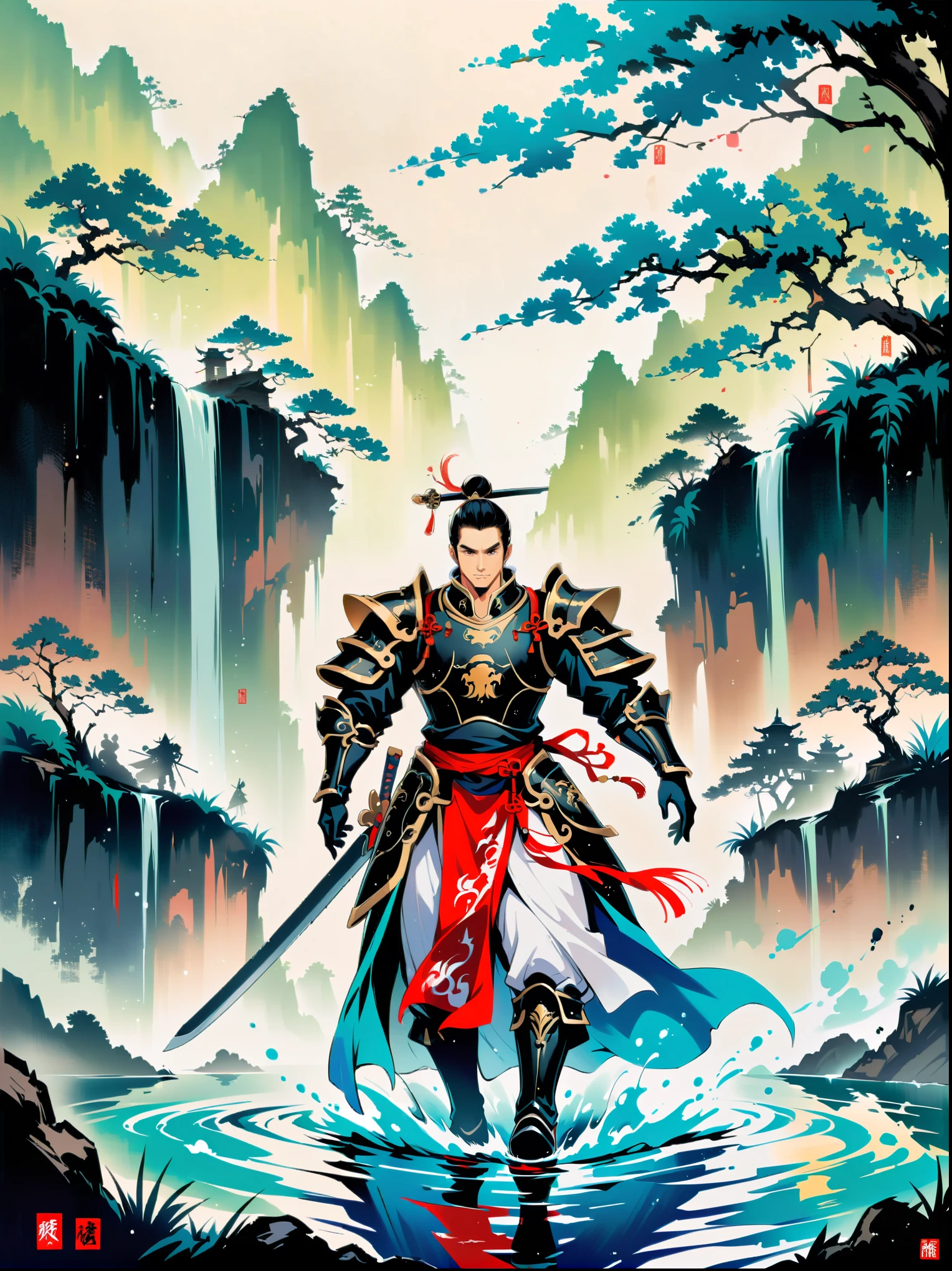 Ink painting,Male knight on the water,Wearing exquisite Chinese Tang Dynasty Ming Guang armor,A bamboo forest behind,sword,landscape,Ultra HD resolution,Freehand style,majestic,Natural light,Knight Focus
