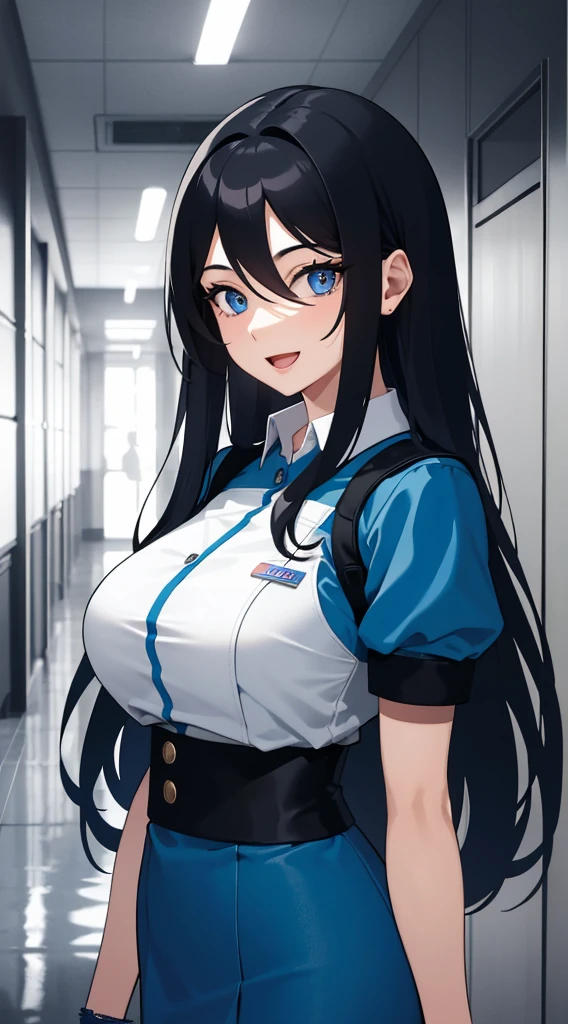 (masterpiece), (best quality), (ultra-detailed), ((girl, 29 years old)), an extremely delicate and beautiful, detailed eyes, minute details, (black hair, long hair, straight hair, hair between eyes), ((big breasts)), smile, open mouth, ((beautiful eyes)), (blue eyes), (upper body), she is wearing a blue dress, (detailed clothes), (detailed background, in a hospital, hospital hallway), (monochrome)