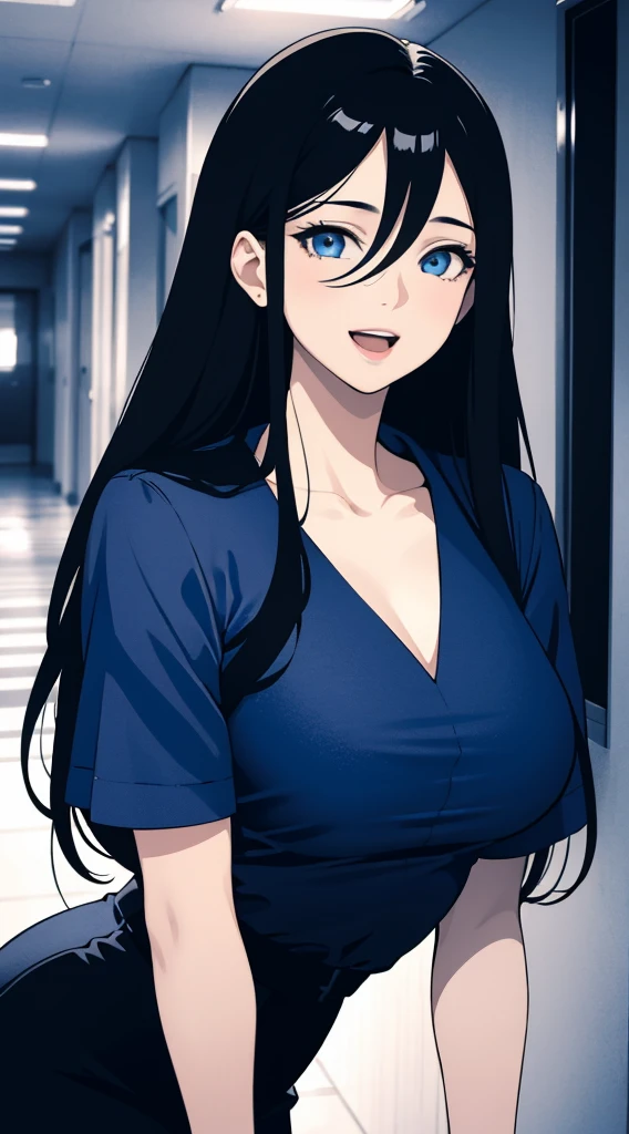 (masterpiece), (best quality), (ultra-detailed), ((girl, 29 years old)), an extremely delicate and beautiful, detailed eyes, minute details, (black hair, long hair, straight hair, hair between eyes), ((big breasts)), smile, open mouth, ((beautiful eyes)), (blue eyes), (upper body), she is wearing a blue dress, (detailed clothes), (detailed background, in a hospital, hospital hallway), (monochrome)