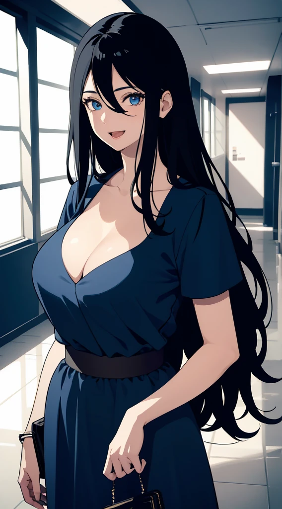 (masterpiece), (best quality), (ultra-detailed), ((girl, 29 years old)), an extremely delicate and beautiful, detailed eyes, minute details, (black hair, long hair, straight hair, hair between eyes), ((big breasts)), smile, open mouth, ((beautiful eyes)), (blue eyes), (upper body), she is wearing a blue dress, (detailed clothes), (detailed background, in a hospital, hospital hallway), (monochrome)
