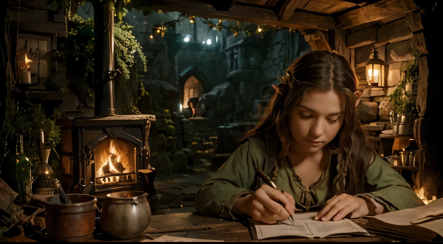 hobbit tavern, a pretty hobbit medieval elf girl writting in a old paper, fireplce back ( do it more detailed )