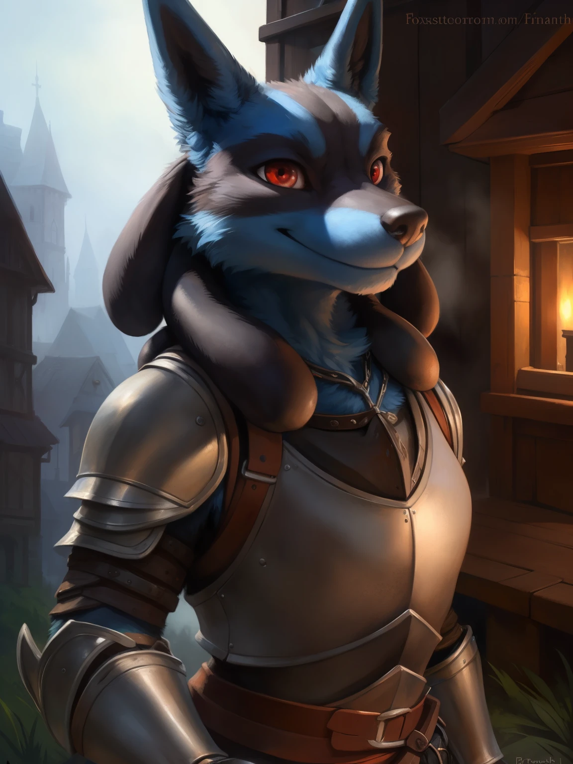 (ultra detailed), a beautiful and detailed full size portrait of a female anthro Lucario, pokemon, Lucario tail, bedroom eyes, close up view, cinematic shot, red eyes, detailed eyes, big body goddess, kenket, Ross Tran,ruan jia, trending on artstation,foxovh, cenematic lighting, big breaths, big  (((medieval armor))), full body, feets, pose, ((((,  pose))), fog, medieval place, night, smile,, detailed background,
