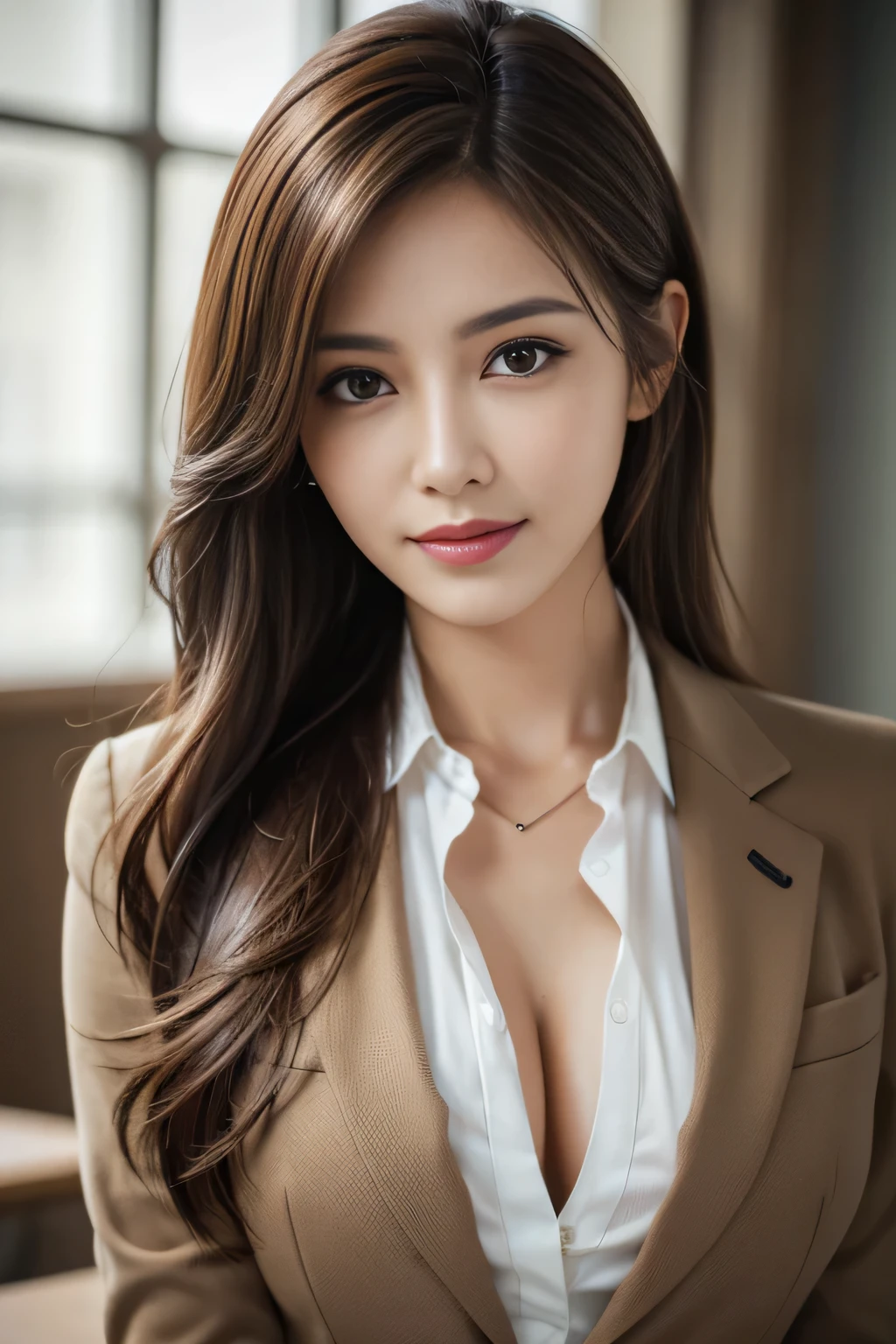 table top, highest quality, realistic, Super detailed, finely, High resolution, 8k wallpaper, 1 beautiful woman,, light brown messy hair, wearing a business suit, sharp focus, perfect dynamic composition, finely beautiful eyes, thin hair, Detailed and realistic skin texture, smile, close-up portrait, model body shape