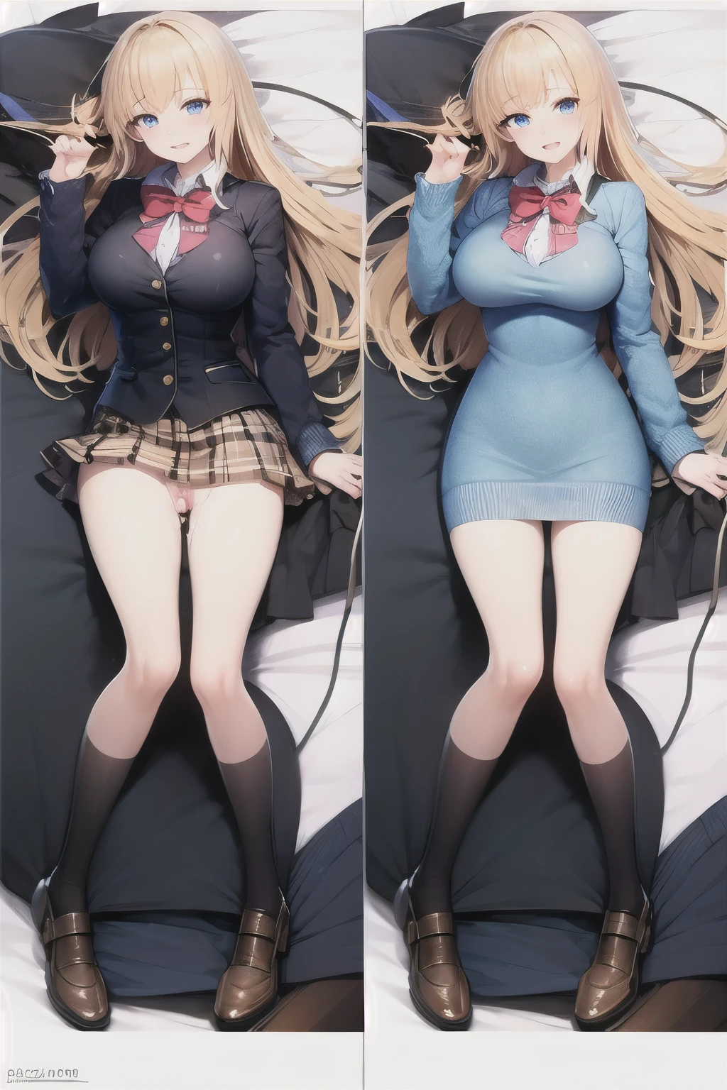 a ,vaginal discharge,white skin,top quality,big tits,light blue eyes,embarrassing,straight hair,blonde hair,pleated skirt,legs open, bottom view