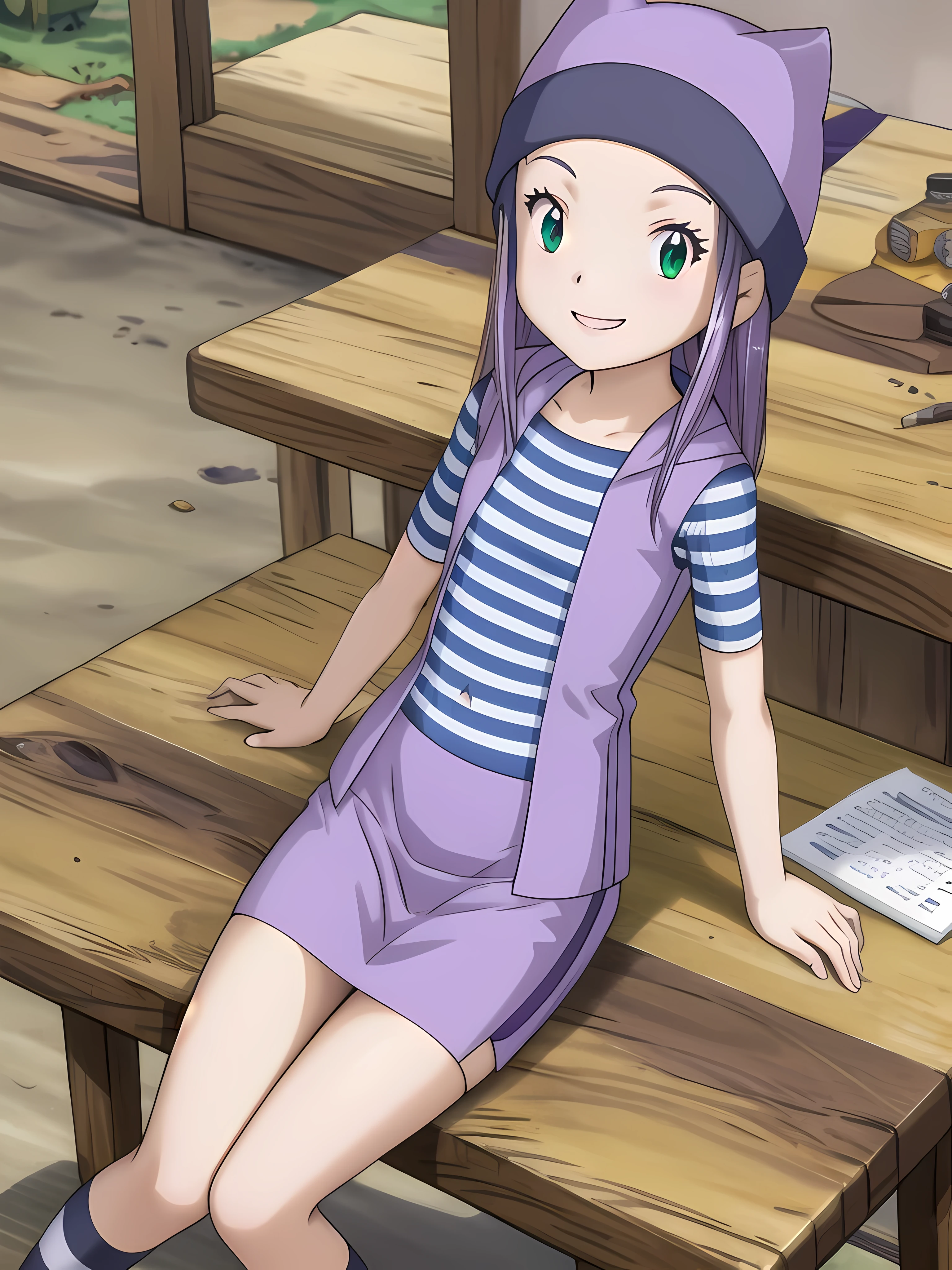 best quality, masterpiece, highres, detailed, perfect anatomy,  orimotoizumi, purple vest, striped shirt, beanie, cat hat,  school, studying, smile, green eyes, sitting, small breasts, skirt,