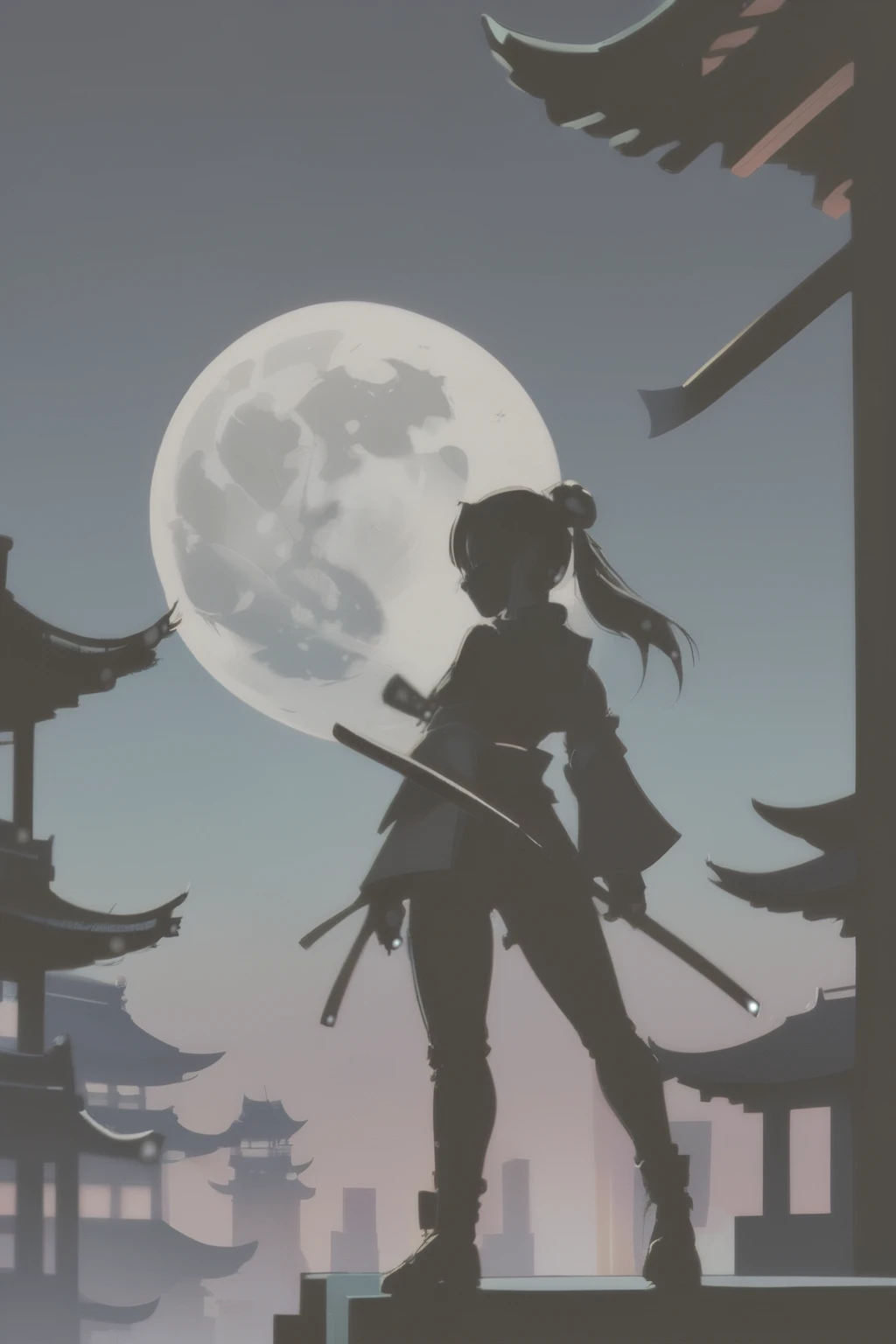 mate piece, Kunoichi, logo, monotony, moon, city, silhouette, masterpiece,