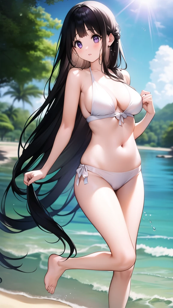 Stunning Chitanda, There is only one beautiful girl，purple eyes, black hair, Naturally straight hair, straight bangs，extremely refined，adult face，lips open，flowing long hair，Peerless beautiful girl, dreamlike，Slim，soft, (Sensual), (kawaii), Dream quality，white bikini，beach，Legs raised high，strong sunlight，summer，hair covering chest，extremely shy，Hands are not exposed，There are water droplets on the body，no pants，There are no shoulder straps，camel toe，no underwear，side breasts，showing areola，Bare thighs，bare shoulders，Clavicle exposed，bare neck，groin，barefoot，bare breasts，ultra high resolution, (masterpiece:1.2, best quality), (Exquisite and beautiful eyes: 1.2), (Beautiful and delicate face)