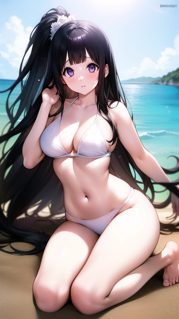 Stunning Chitanda, There is only one beautiful girl，purple eyes, black hair, Naturally straight hair, straight bangs，extremely refined，adult face，lips open，flowing long hair，Peerless beautiful girl, dreamlike，Slim，soft, (Sensual), (kawaii), Dream quality，white bikini，beach，Legs raised high，strong sunlight，summer，hair covering chest，extremely shy，Hands are not exposed，There are water droplets on the body，no pants，There are no shoulder straps，camel toe，no underwear，side breasts，showing areola，Bare thighs，bare shoulders，Clavicle exposed，bare neck，groin，barefoot，bare breasts，ultra high resolution, (masterpiece:1.2, best quality), (Exquisite and beautiful eyes: 1.2), (Beautiful and delicate face)