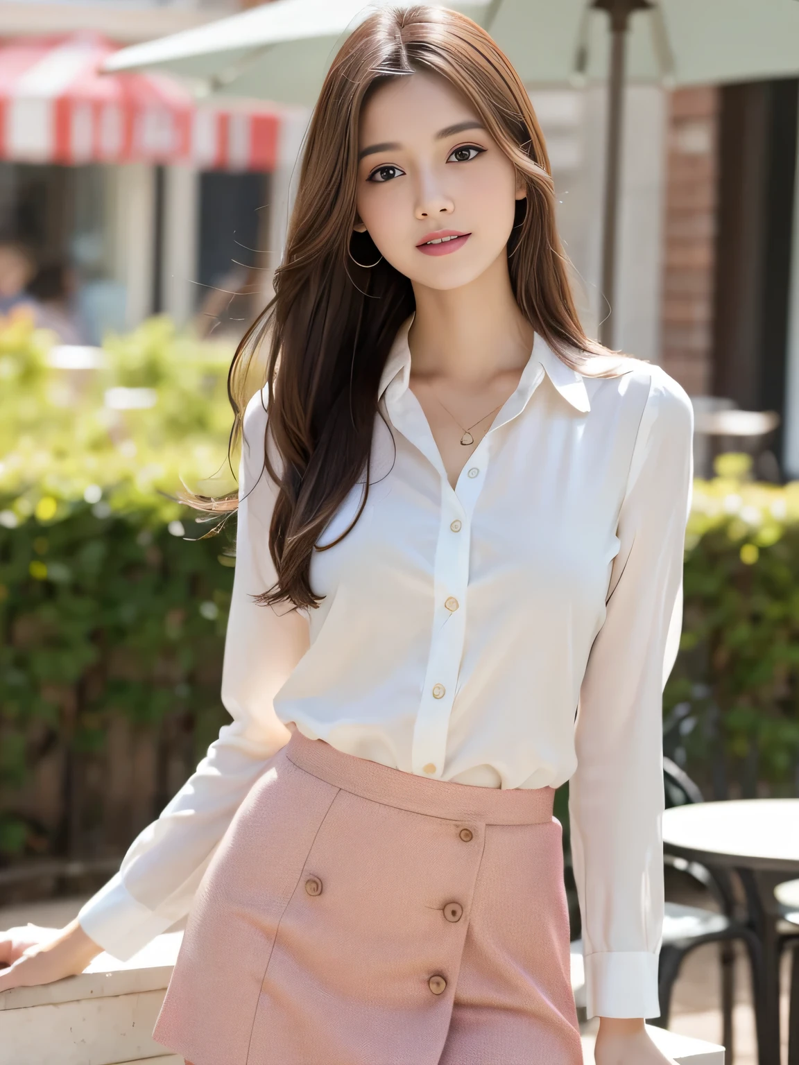 best quality, realistically, super detailed, detailed pubic hair, High resolution, 8k wallpaper, 1 beautiful woman, Pink wet lips, light brown messy hair, wearing a suit, shirt, white skirt, lock focus, perfect dynamic composition, beautiful eyes, delicate hair, Detailed realistically skin texture, smile, close up portrait, model body shape, On the open terrace of the cafe, blurred background, (full body shot), Shooting from a distance, Random Body Orientation,