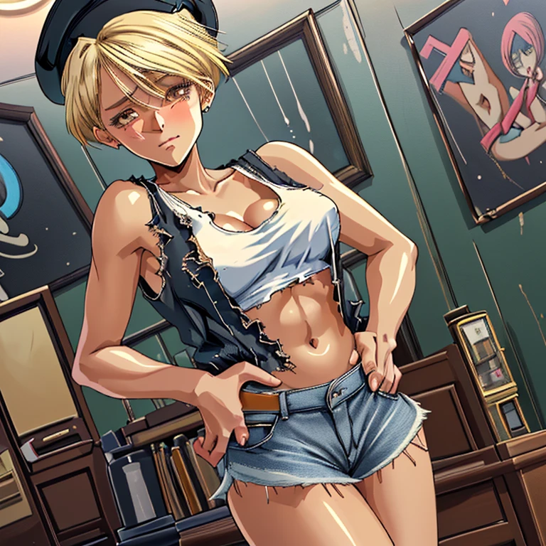 One American girl, blonde, tall, lovestruck face, beautiful anime face, ultra high quality, masterpiece, ultra detailed, alone in the room, black police hat, white tank top, exposed belly button, ripped denim shorts, crotch emphasis, sexy pose, nice body, seductive gestures