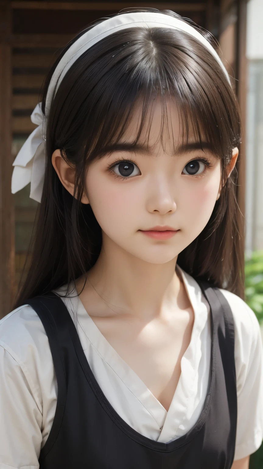Best image quality, Focus, Soft light, Black hair, (Japanese)), (((Front, 15 years old))), (Depth of field), Ultra high resolution, (Real: 1.4), RAW photo, ((waitress uniform))