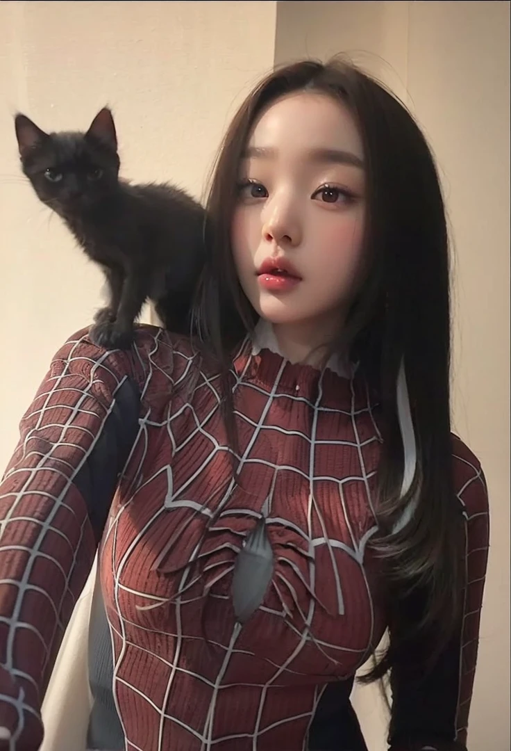 full body image,Wide angle shot,There is a lot of light.,Lao girl,long hair,Flat stomach,Big breasts, cup E,100 cc milk,naked,White room,short hair,There are many cats.,lying on the sofa,Holding a spider to cover the chest,Cat sleeps on genitals