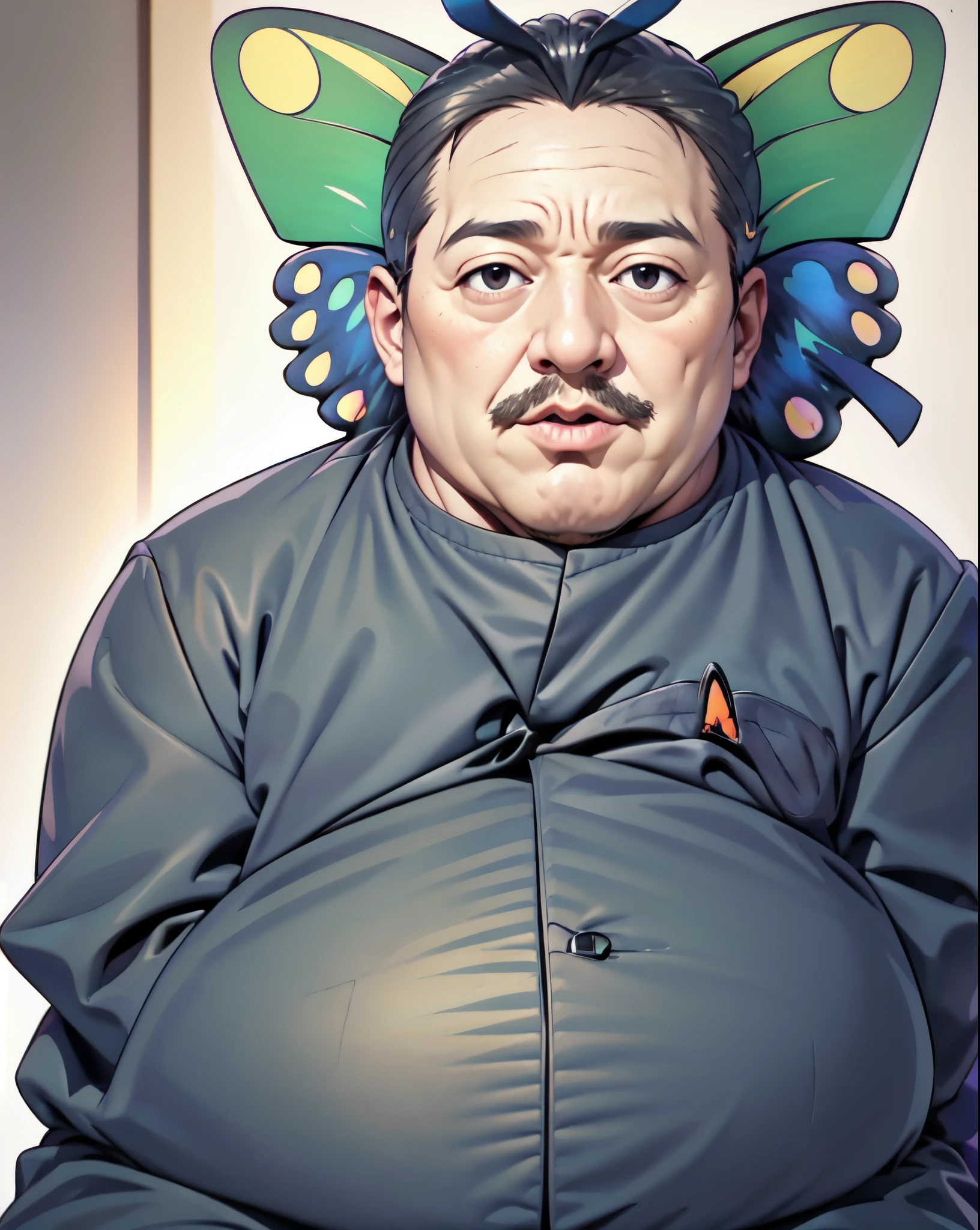 (black butterfly hair:1.3), black suits, (fat mature man:1.5) , (realistic nose:1.5), antennas