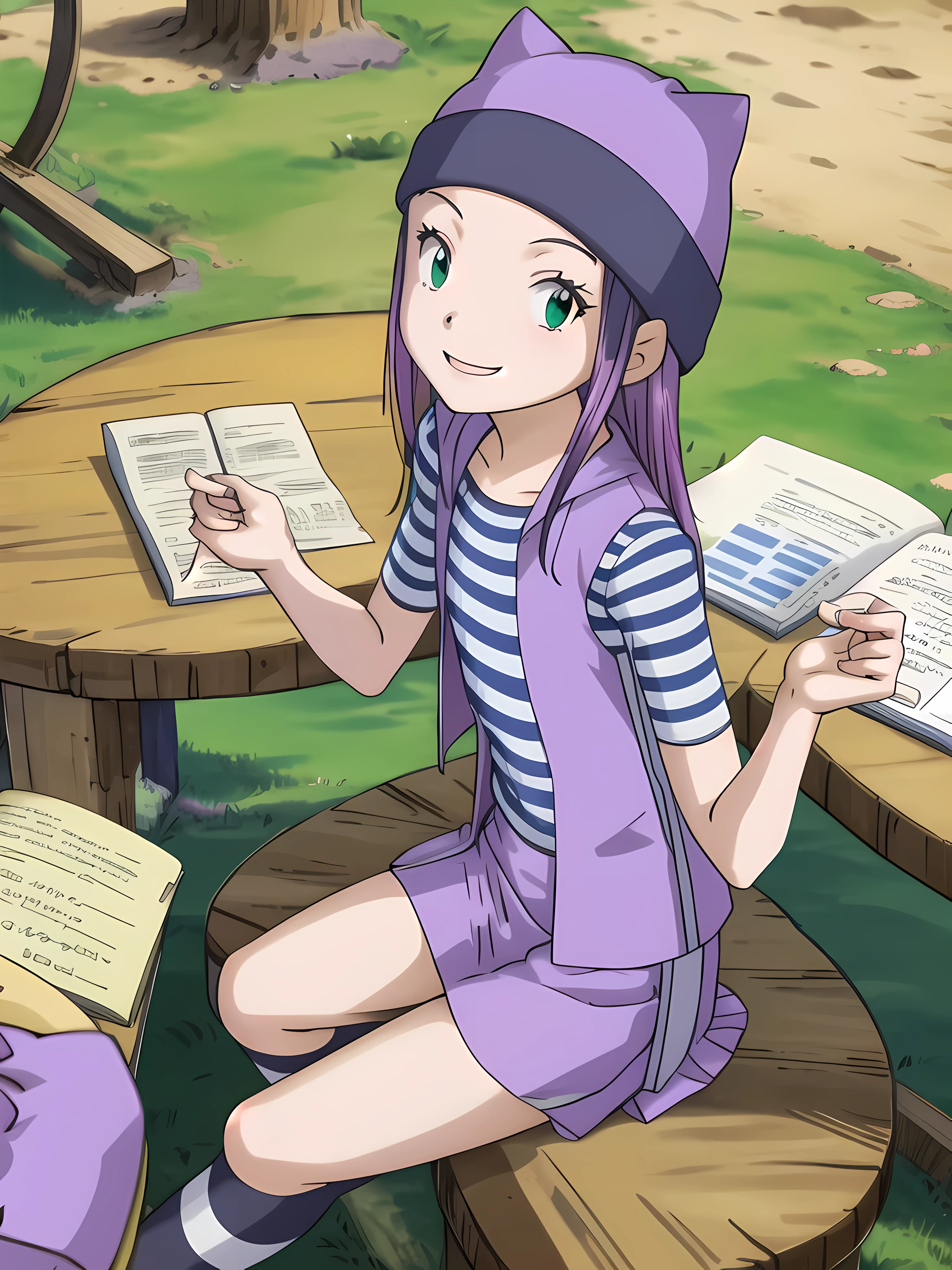 best quality, masterpiece, highres, detailed, perfect anatomy,  orimotoizumi, purple vest, striped shirt, beanie, cat hat,  school, studying, smile, green eyes, sitting, small breasts, skirt,