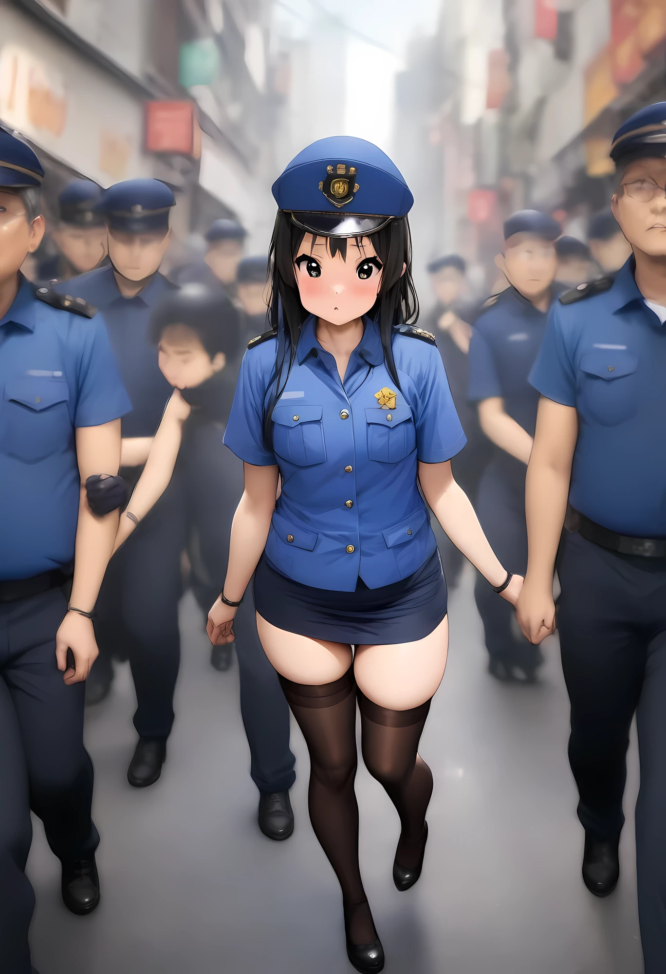 masterpiece, best quality, very aesthetic, absurdres, full body shot,(police costume:1.3), (button gap:0), police skirt, police cap, thigh high stockings with garter, on the crowed street, 1girl, akiyama mio, k-on!