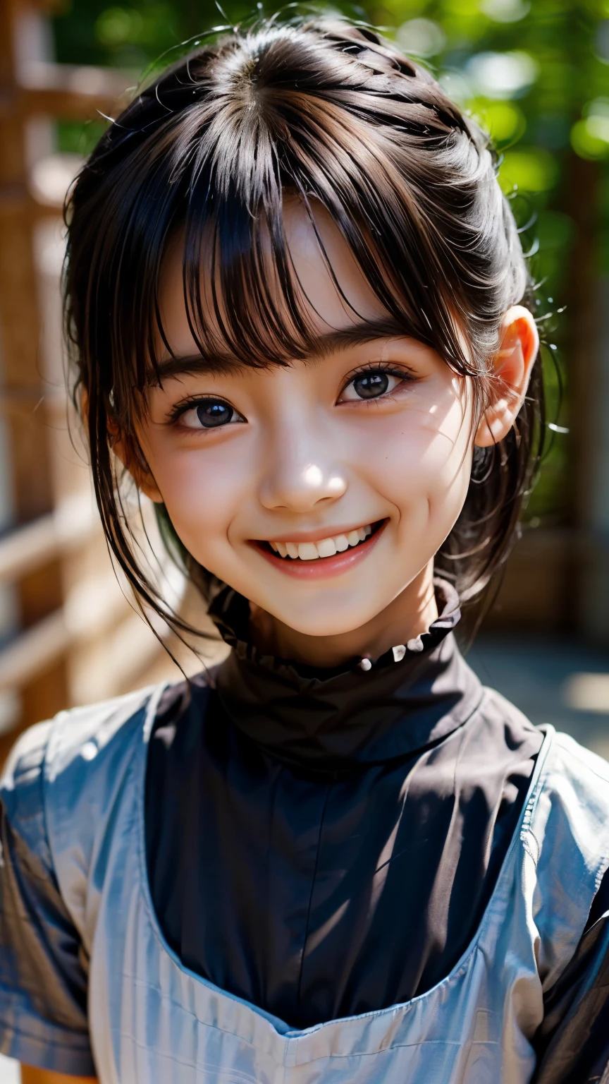 Best image quality, Focus, Soft light, Black hair, (Japanese)), (((Front, ))), (Depth of field), Ultra high resolution, (Real: 1.4), RAW photo, ((waitress uniform)), smiling face