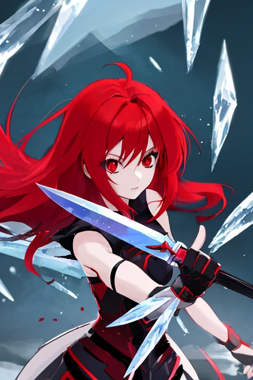Red hair anime girl, with ice blade, red eyes