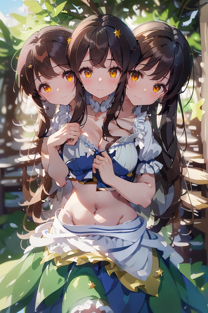 (masterpiece, best quality), best resolution, (ultra-detailed), (3heads:1.5), 1girl, (star sapphire:1.3), masterpiece, best quality, ultra quality, ultra resolution, ultra detail, white top, crop top, ((stomach)), midriff, ((groin)), open midriff, white-blue skirt, normal ears, shackles, dark brown hair, very long hair, wavy hair, sidelocks, yellow eyes, detailed eyes, parted lips, fairy girl, sweat, cute, open belly, toned belly, hand on own chest, eyelashes, (24 year old woman:1.3), (masterpiece:1.5), (best quality:1.5), (beautiful detailed), extremely detailed CG, extremely delicate and beautiful, depth of field, (finely detailed face), (perfect details:1.2), (mature female:1.3), wide pelvis, slender, large veiny breast, 16k resolution, highres, high quality, high definition, extremely detailed, masterpiece, best quality, dark brown hair, long hair, alluring presence, braid, short skirt, close up, big tits, young, blue ribbon attached to the hair, butterfly-shaped wings, nsfw