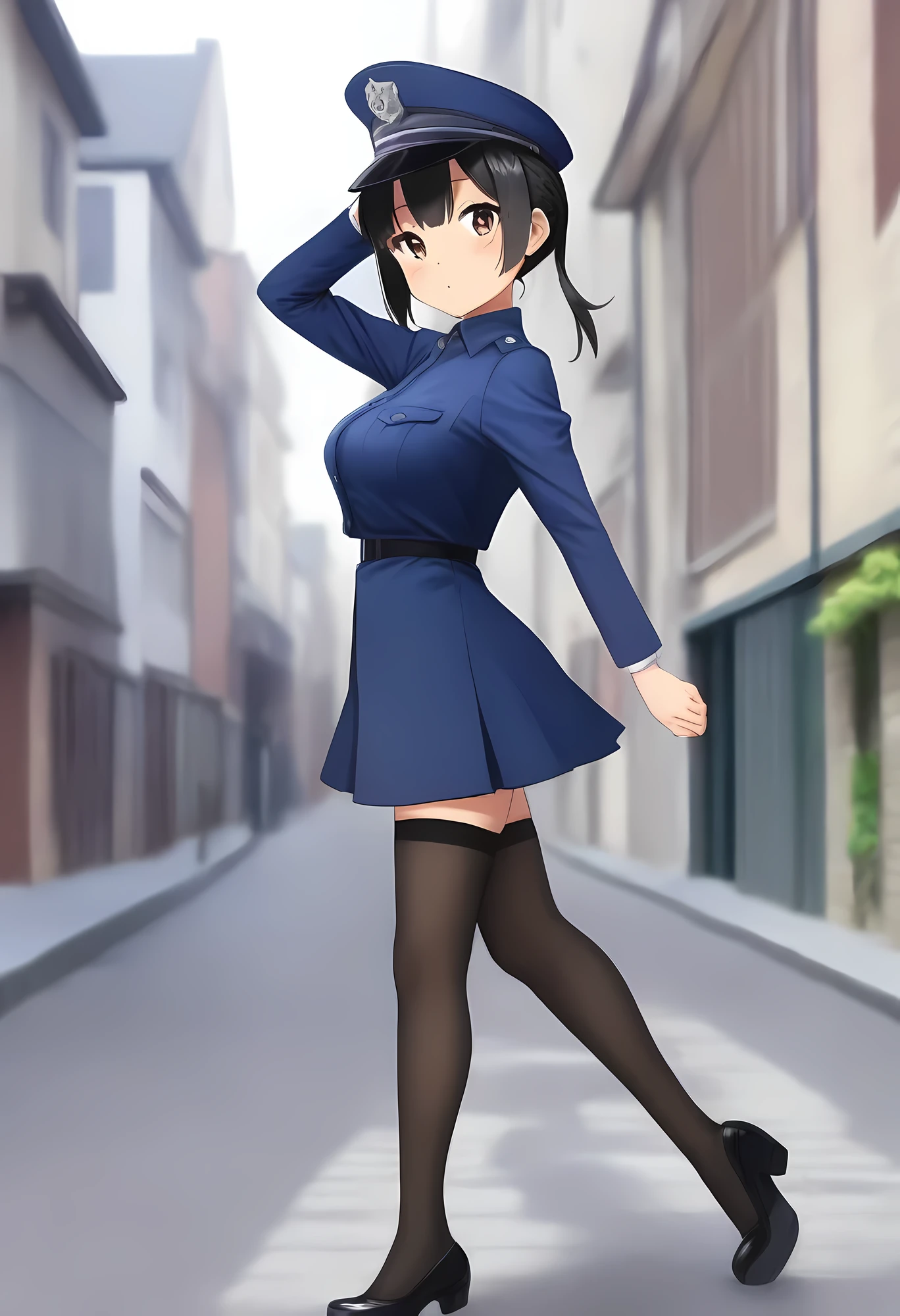 masterpiece, best quality, very aesthetic, absurdres, full body shot,(police costume:1.3), (button gap:0), police skirt, police cap, stockings with garter, on the crowed street, 1girl, akiyama mio, k-on!