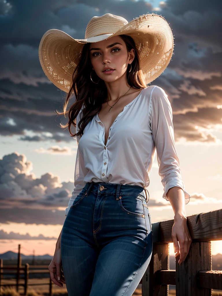 hyperrealism, (photorealistic:1.2), (film grain:1.3), masterpiece, best quality, perfect detail, cinematic lighting, professional photo, realistic photo, raw photo, gorgeous brunette, slender figure, white blouse, red banana on the neck, neckline , tight jeans, cowboy hat, cowboy boots, standing, ranch, cloudy sky, sunset