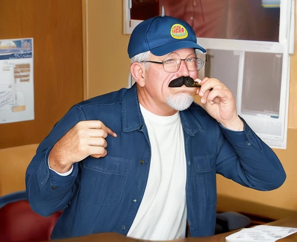 Scruffy the Janitor smoking Cigar sitting at Desk on Bedroom, Gray Mustache, Maroon Flat Cap, Techwear Jacket on White Shirt, Blue Jeans, Style of Saved By the Bell