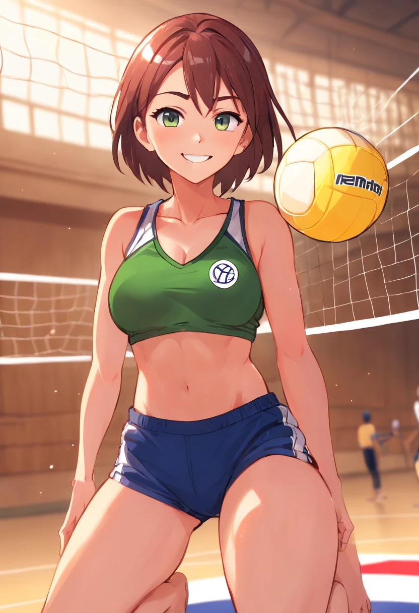 fondo de pantalla de unidad 8k, anatomically correct, (((obra maestra))), (((Mejor calidad))), (((ultra detallado))), (((high resolution))), ((chica definitiva)), manos perfectas, Dedo perfecto, (((buena anatomia))), cara hermosa detallada, cabello brillante, (((mejorar))), (barriga), (con curvas), pechos medianos, ((muslos gruesos)), (((solo))), ((sonrisa seductora)), (((rubor))), ROMPER, (((sit astride the perfectly spherical shape 6-inch volleyball))), (((Straddling a perfectly spherical 6" volleyball))), (((Perfectly spherical 6" volleyball fits perfectly crotch))), ROMPER, (((Rub the Perfectly spherical 6" volleyball against crotch))), (masturbation), ROMPER, (Collared volleyball uniforms), sin mangas, ((buruma)), ((rodillera)), stained pussy juice, (almohadilla para el codo), (((sudor))), (((covered in sudor))), ((Deep breathing)), en cancha de voleibol, interior, Encendiendo, mirando al espectador, cuerpo completo, (spoken heart) desnuda