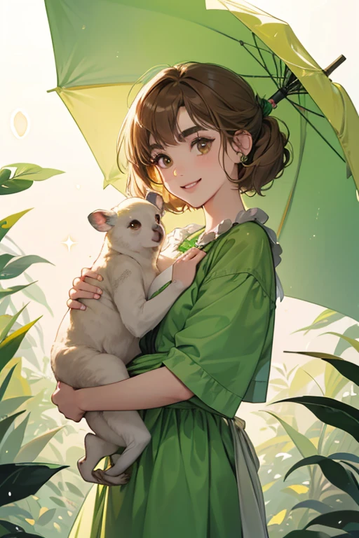 Huggy is a pale yellow koala, with greenish-brown paws and greenish-brown hair. She has light brown nose, greenish-brown eyebrows, pink rosy cheeks and a big, cheery smile. The insides of her ears are white. She initially wears the Jade Check Shirt, and carries the Ribbon Parasol when it rains.
In Animal Forest, she was orange, her paws and hair were more green in color, her nose was larger, and her eyebrows were curvier. SPARKLE; GLITTE