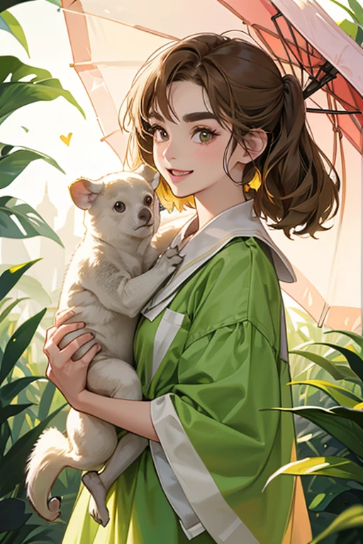 Huggy is a pale yellow koala, with greenish-brown paws and greenish-brown hair. She has light brown nose, greenish-brown eyebrows, pink rosy cheeks and a big, cheery smile. The insides of her ears are white. She initially wears the Jade Check Shirt, and carries the Ribbon Parasol when it rains.
In Animal Forest, she was orange, her paws and hair were more green in color, her nose was larger, and her eyebrows were curvier. SPARKLE; GLITTE