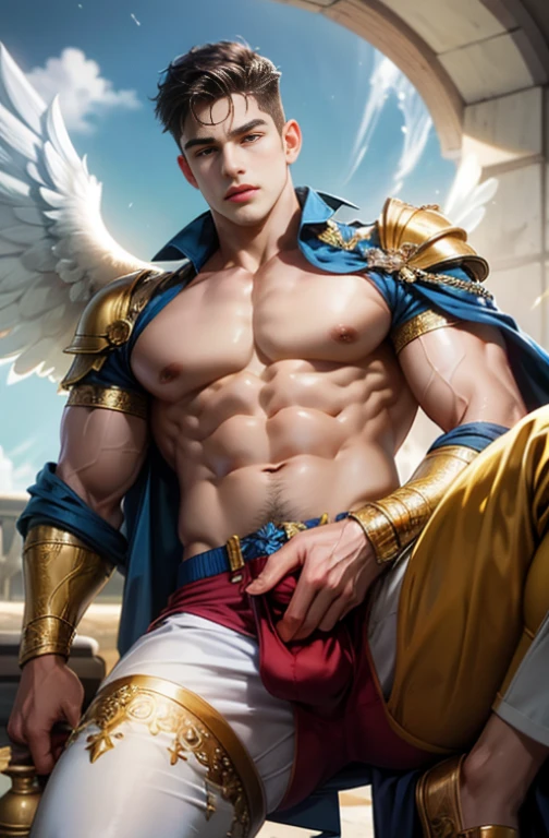 (nonsense, High resolution, very detailed, HDR), Masterpiece, best quality, A drawing of a boy, handsome man with red eyes, detailed face, professional photos, An Arav man enters the fight shirtless., Fight comfortably，legs open, (Swollen nipples(from below:1.1)), Focus on your audience,18 year old boy, handsome man, [ well defined body ]，abdomen，chest muscles，Big bulge，angel，wing，feather，cloud，cloud,((((Convex crotch)))),Wearing blue crystal shoes with gold patterns
