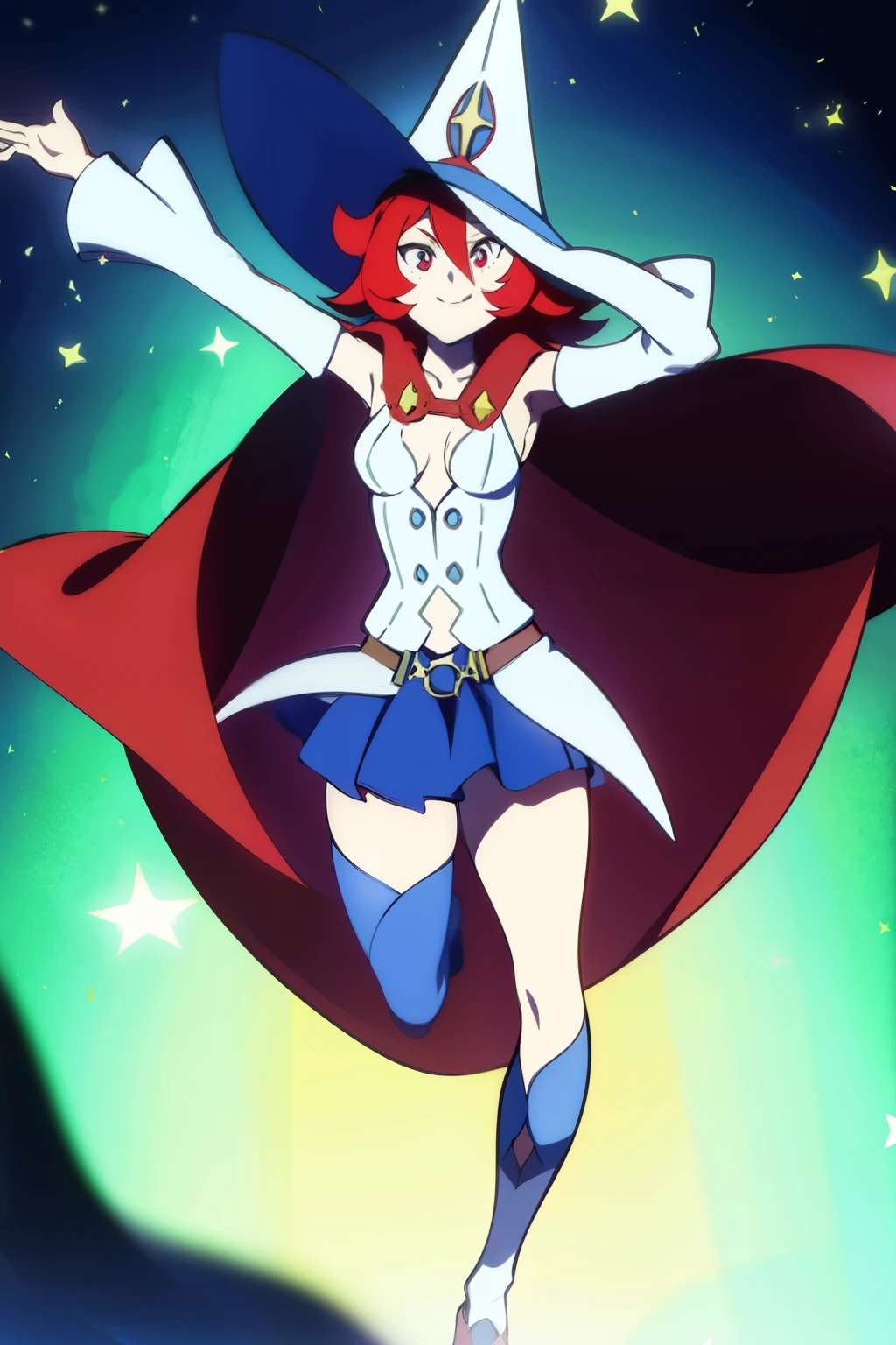 (best quality, top quality), masterpiece, best quality, shiny chariot,  1girl, solo, short hair, red hair, hair between eyes,  red eyes, witch hat, witch, red cape, blue skirt, belt, pleated skirt, clothing cutout, detached sleeves, blue socks, large_socks, tank top, star \(symbol\), breasts, medium breasts, smile, thick thighs, cute_girl, full body,