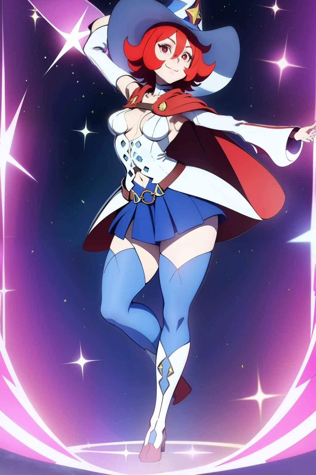 (best quality, top quality), masterpiece, best quality, shiny chariot,  1girl, solo, short hair, red hair, hair between eyes,  red eyes, witch hat, witch, red cape, blue skirt, belt, pleated skirt, clothing cutout, detached sleeves, blue socks, large_socks, tank top, star \(symbol\), breasts, medium breasts, smile, thick thighs, cute_girl, full body,