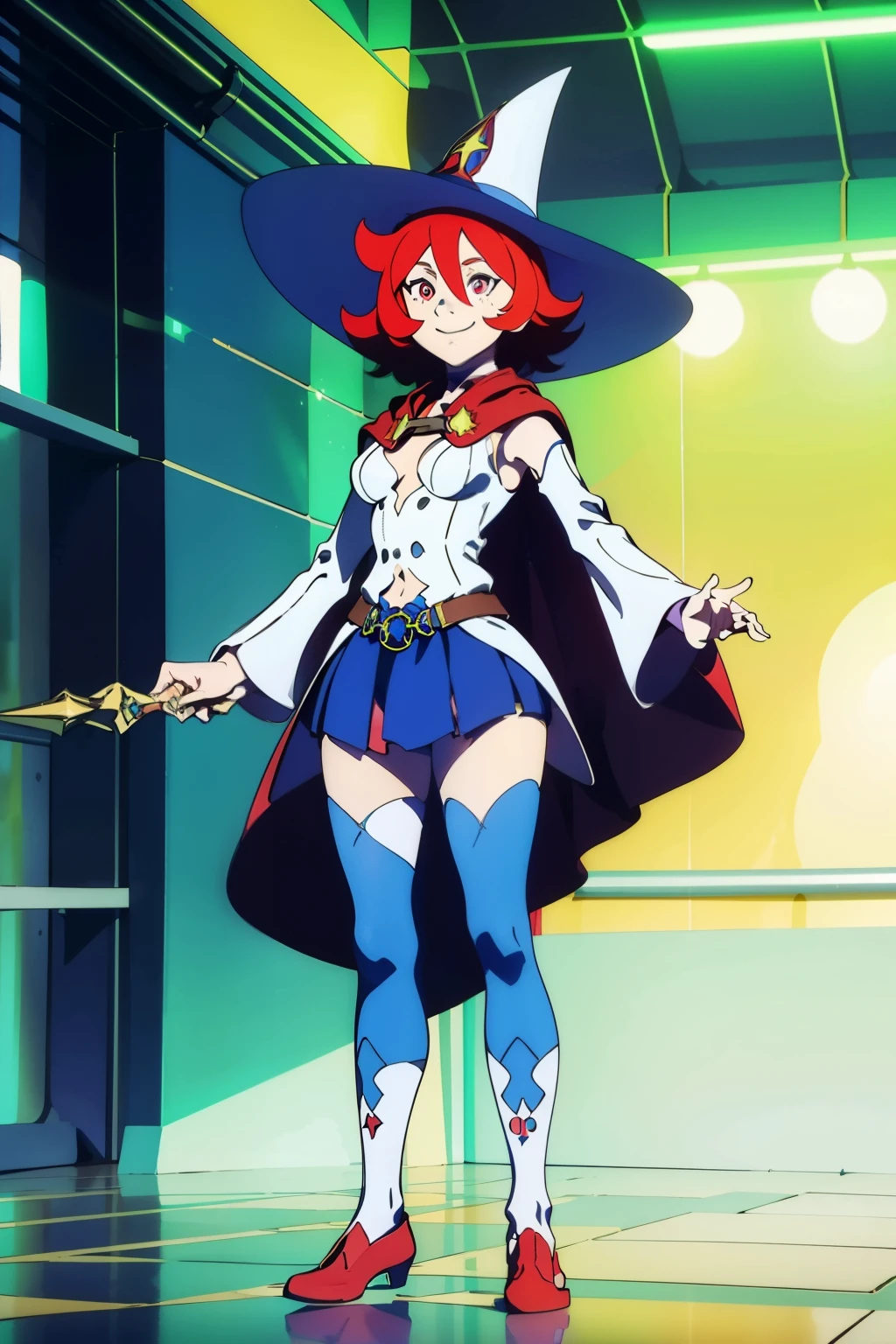 (best quality, top quality), masterpiece, best quality, shiny chariot,  1girl, solo, short hair, red hair, hair between eyes,  red eyes, witch hat, witch, red cape, blue skirt, belt, pleated skirt, clothing cutout, detached sleeves, blue socks, large_socks, tank top, star \(symbol\), breasts, medium breasts, smile, thick thighs, cute_girl, full body,