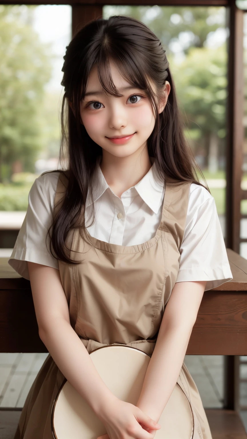 masutepiece、hight resolution、Florist clerk、22-year-old girl、1Girl clerk、She is looking at the camera while putting on an apron over her blouse.、smil、Finish as shown in the photo、Flowers and girls、the skin is white and beautiful、Hair is long and beautiful、A dark-haired、Hair should be tied back、A slender、A lot of colorful flowers、