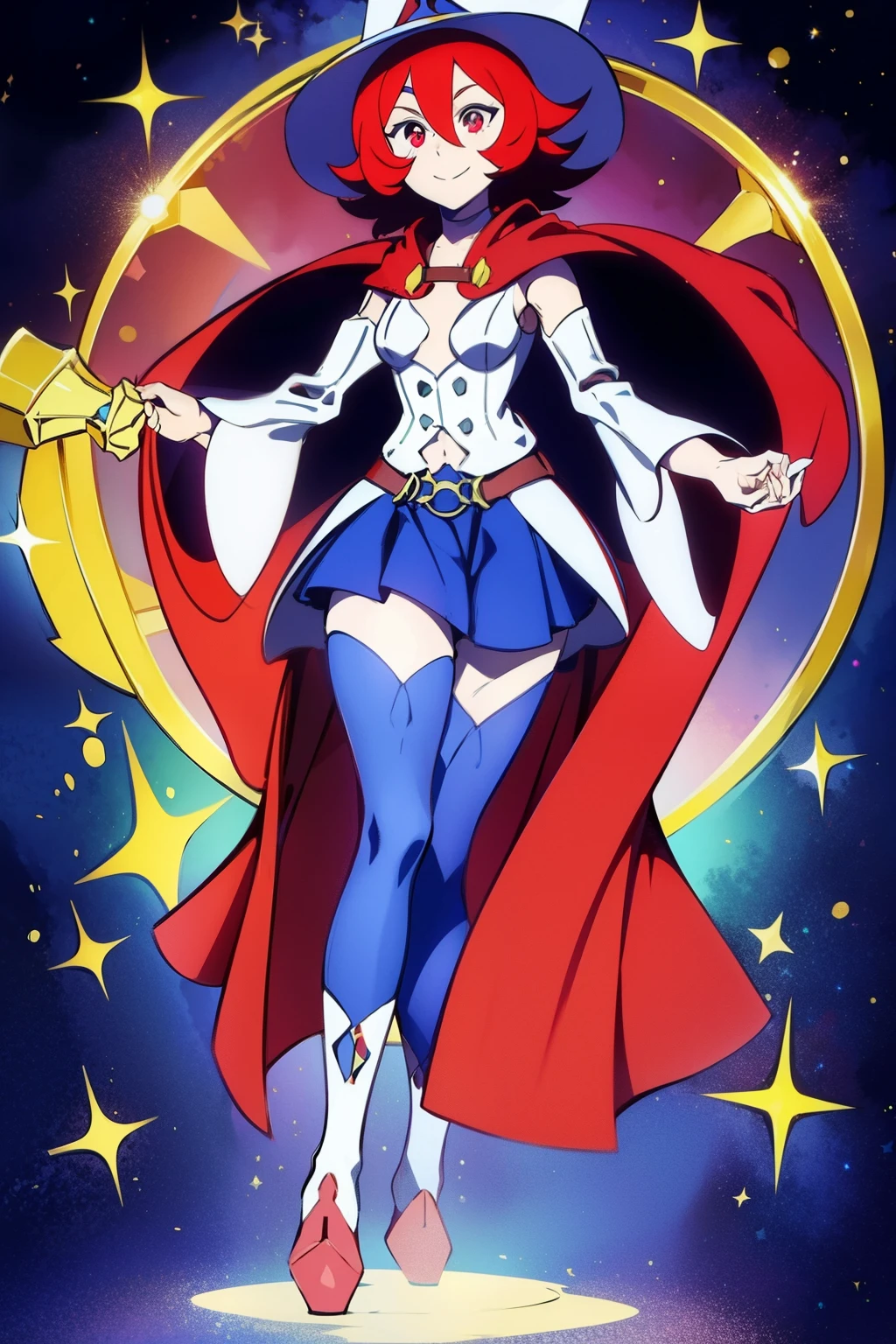 (best quality, top quality), masterpiece, best quality, shiny chariot,  1girl, solo, short hair, red hair, hair between eyes,  red eyes, witch hat, witch, red cape, blue skirt, belt, pleated skirt, clothing cutout, detached sleeves, blue socks, large_socks, tank top, star \(symbol\), breasts, medium breasts, smile, thick thighs, cute_girl, full body,