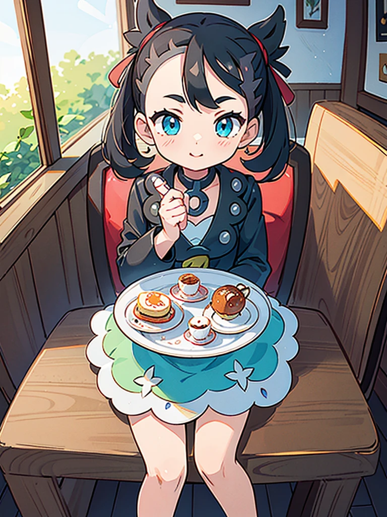 ((pokemon's marnie:1.2)),long shot、可愛い女の子のsmile、take a cute pose,{{{{sitting at a cafe with a large table:1.2}}},cowboy shot:1.2,(super detailed illustrations:1.2),(masterpiece, 8K), (最high quality, high quality:1.4), perfect anatomy, very detailed, super detailed,masterpiece background,beautiful detailed background, v8K wallpaper,perfect design,award winning art,highest quality、Only one person depicted:1.2,smile:1.2,The background is the interior of a stylish and cute coffee shop with a bright atmosphere.:1.2,You can see the seats in the back、{{A tea set, sweets, bread, and plates with fried eggs and salad are neatly arranged in the center of the table.:1.2}}、A detailed view of a cafe chair:1.2,Sit deep in your chair and behave well:1.2