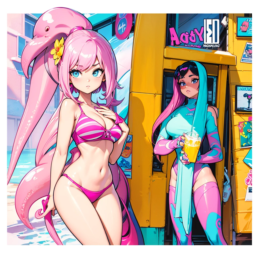 a close up of a drawing of a woman in a bikini next to a man, digital art. colorful comic, comic digital art, 3 d neon art of a womens body, digital art!!, airbrush digital art, digital art hi, [ digital art ]!!, digital art cartoon, digital art picture, humanoid pink female squid girl, colored screentone