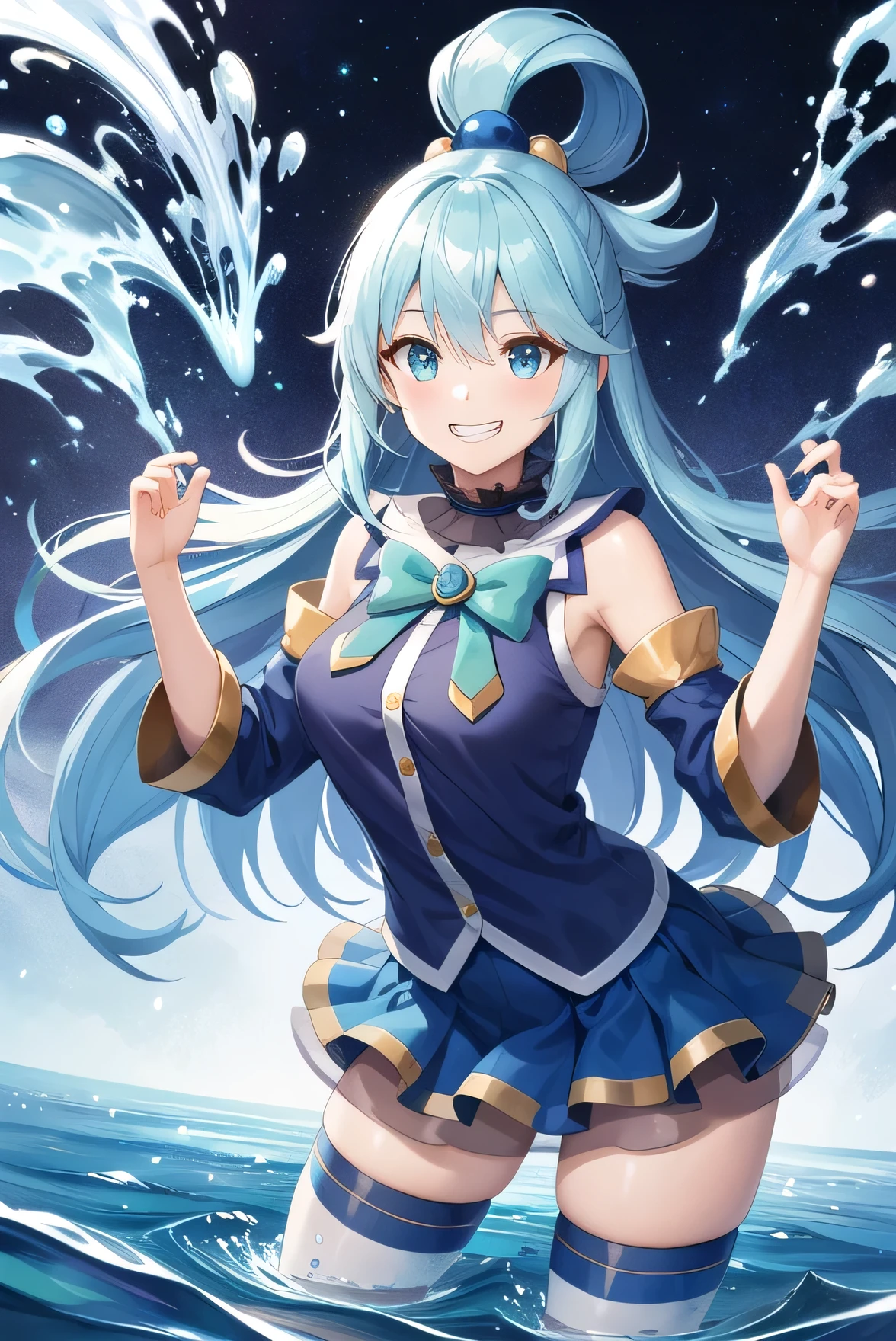 masterpiece, highest quality, High resolution, oh aqua, long hair, blue hair, hair ring, hair ornaments, choker, bare shoulders, green bow, blue shirt, removed sleeve, blue skirt, Thighhighs, Are standing, (magic:1.2), (water:1.2), grin and laugh